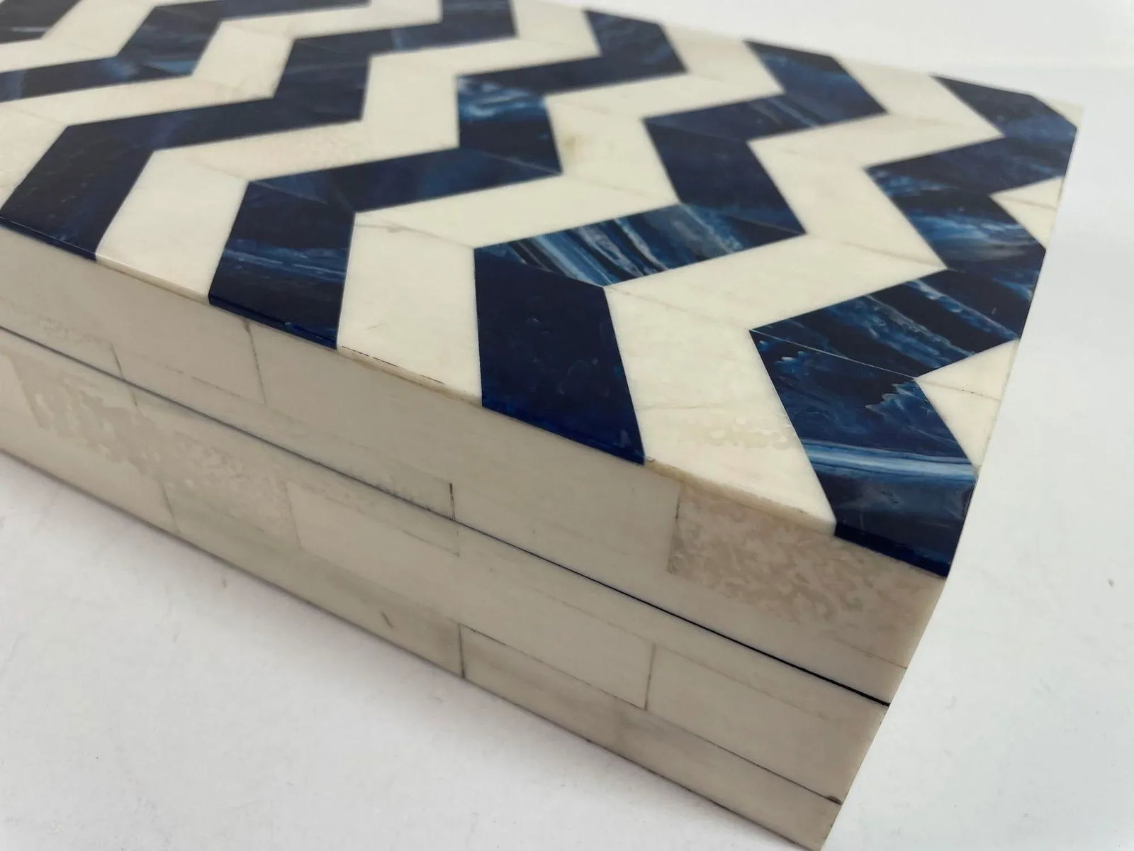 Ivory and Blue Chevron Bone Inlay Trinket Box - 12