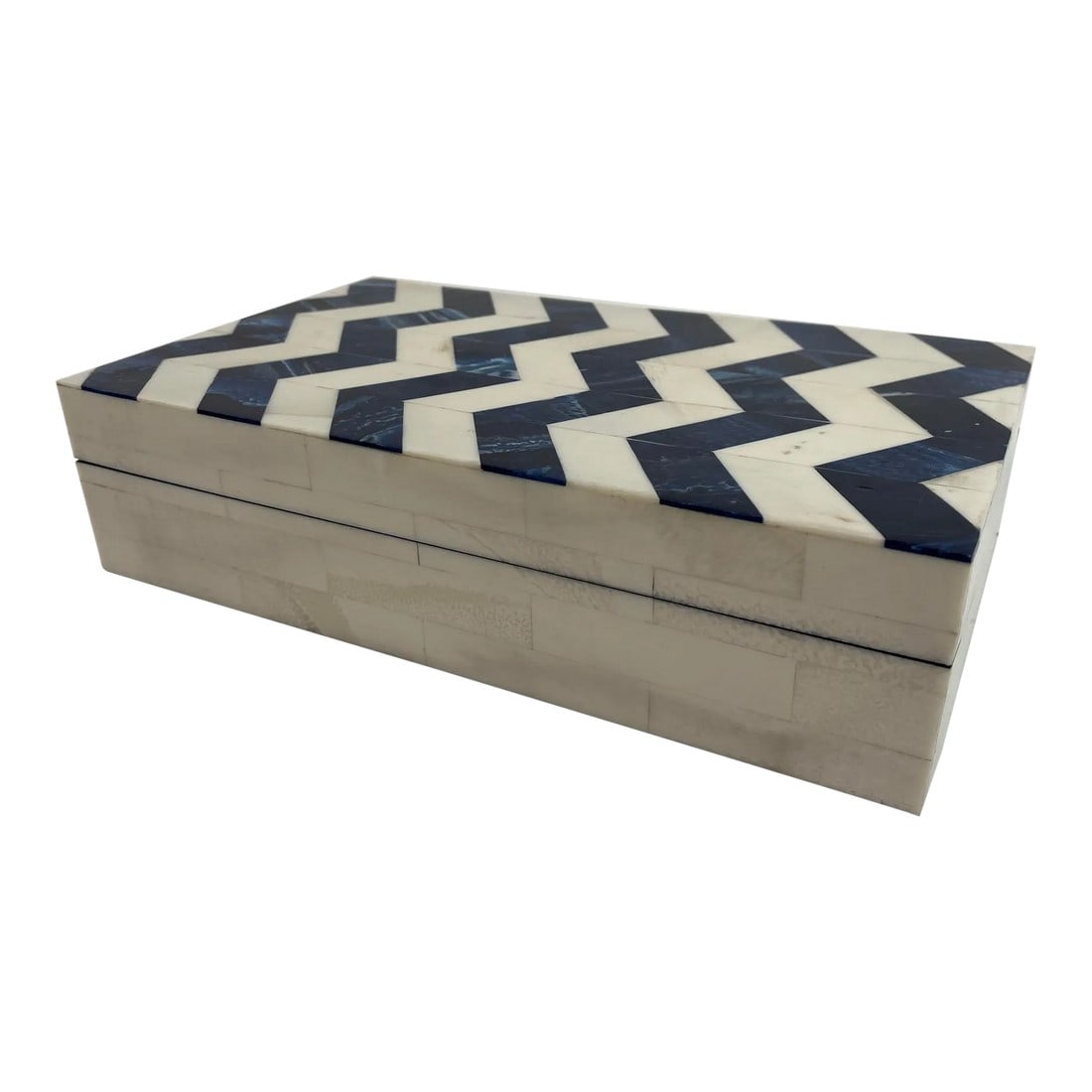 Ivory and Blue Chevron Bone Inlay Trinket Box: Ivory and blue chevron decorative trinket rectangular lidded box inlaid with white bone and resin on wood. Large stylish Moorish trinket lidded box with bone and wood inlaid handcrafted in India by