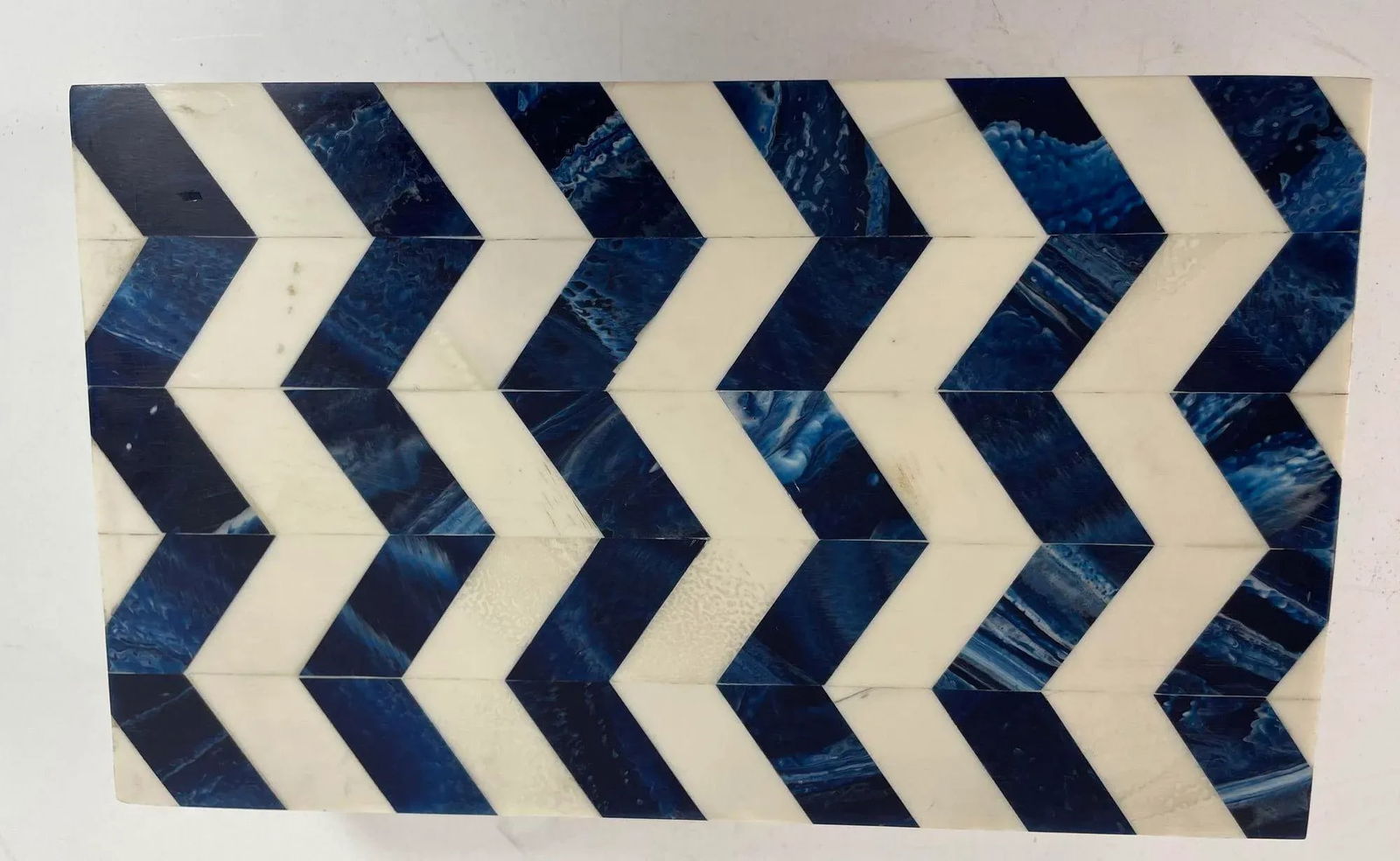 Ivory and Blue Chevron Bone Inlay Trinket Box - 4