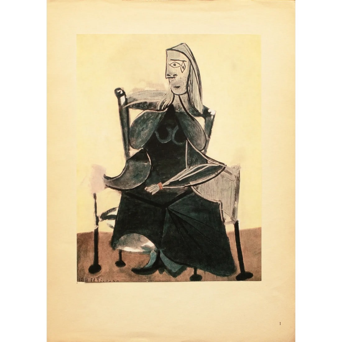 1943 After P. Picasso "Femme Assise", First French Edition Period Offset Lithograph: A period First Edition vintage offset lithograph, full-color print, after Cubist painting "Femme Assise" (Seated Woman, 1939) by Pablo Picasso. Comes from a First Limited Edition of XVI pieces from