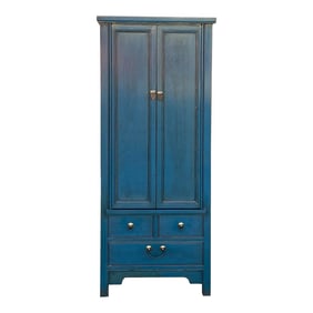 Oriental Dark Teal Blue Narrow Wood Detail Door Drawers Storage Cabinet