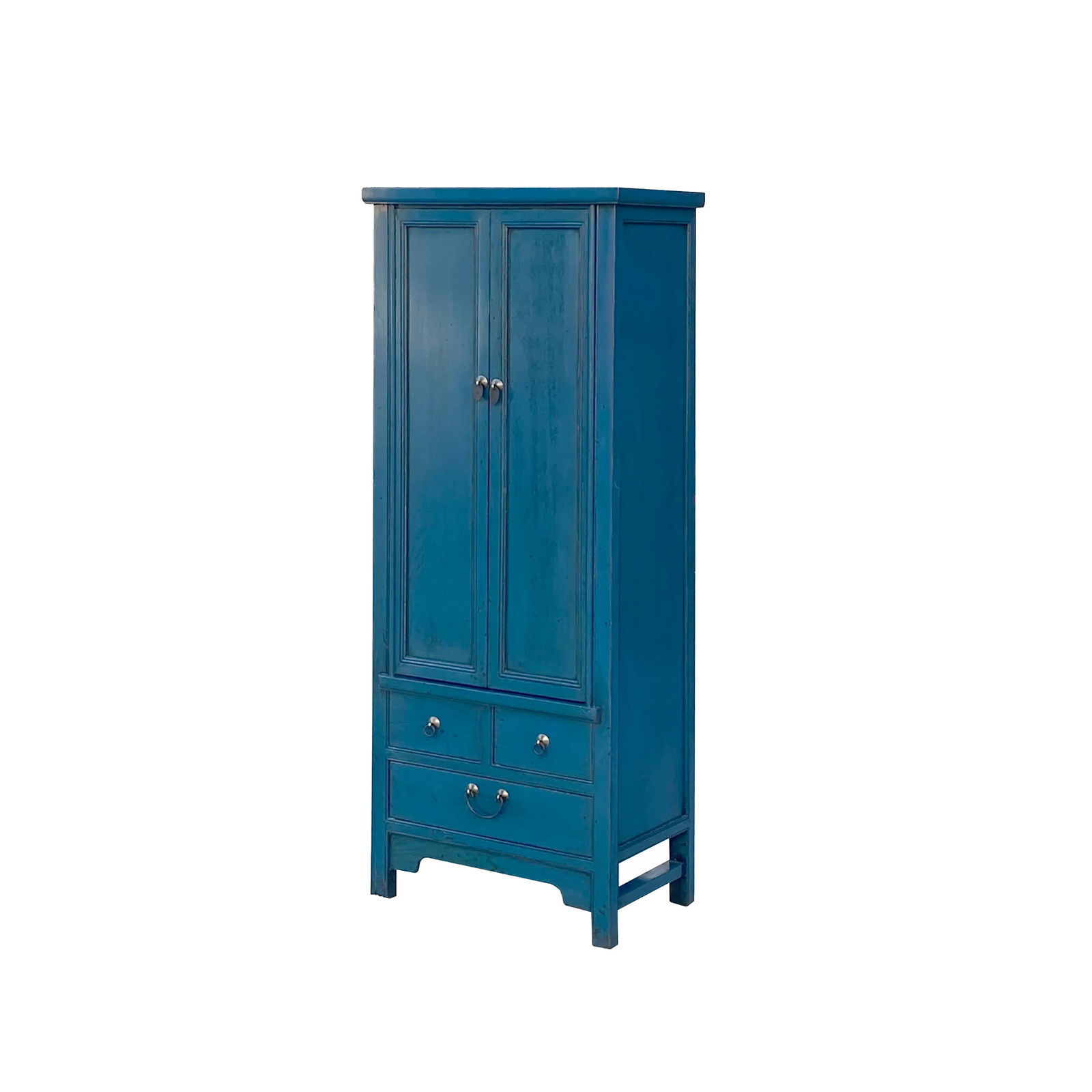 Oriental Dark Teal Blue Narrow Wood Detail Door Drawers Storage Cabinet - 3