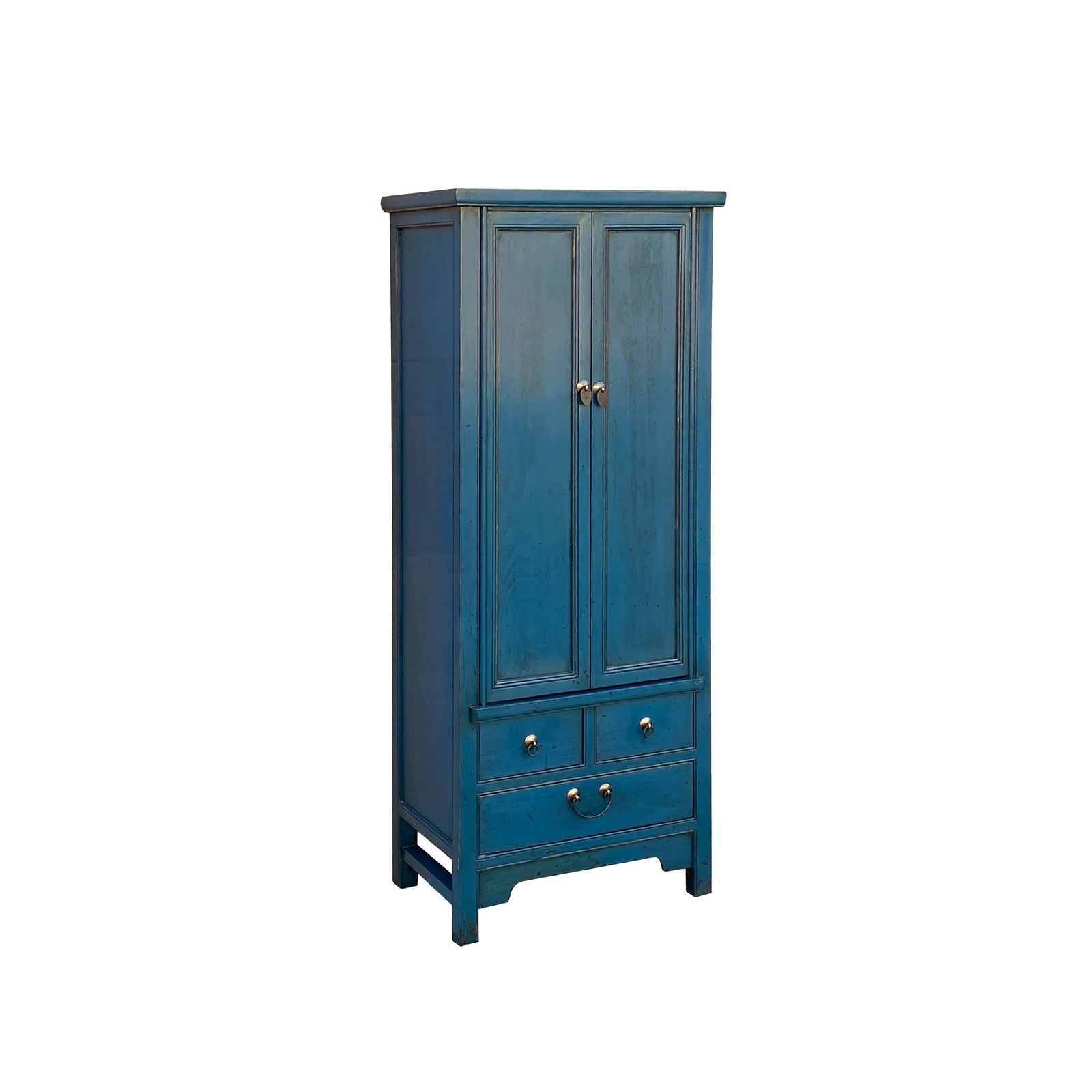 Oriental Dark Teal Blue Narrow Wood Detail Door Drawers Storage Cabinet - 4