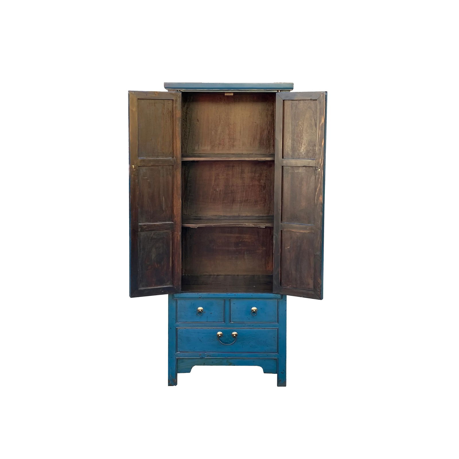 Oriental Dark Teal Blue Narrow Wood Detail Door Drawers Storage Cabinet - 5