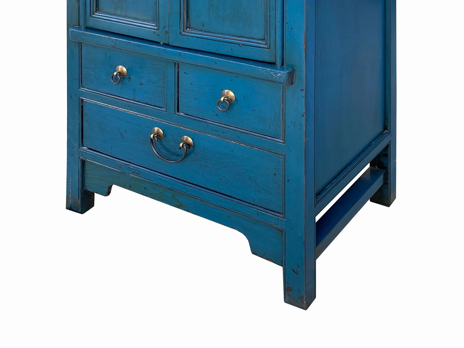 Oriental Dark Teal Blue Narrow Wood Detail Door Drawers Storage Cabinet - 6