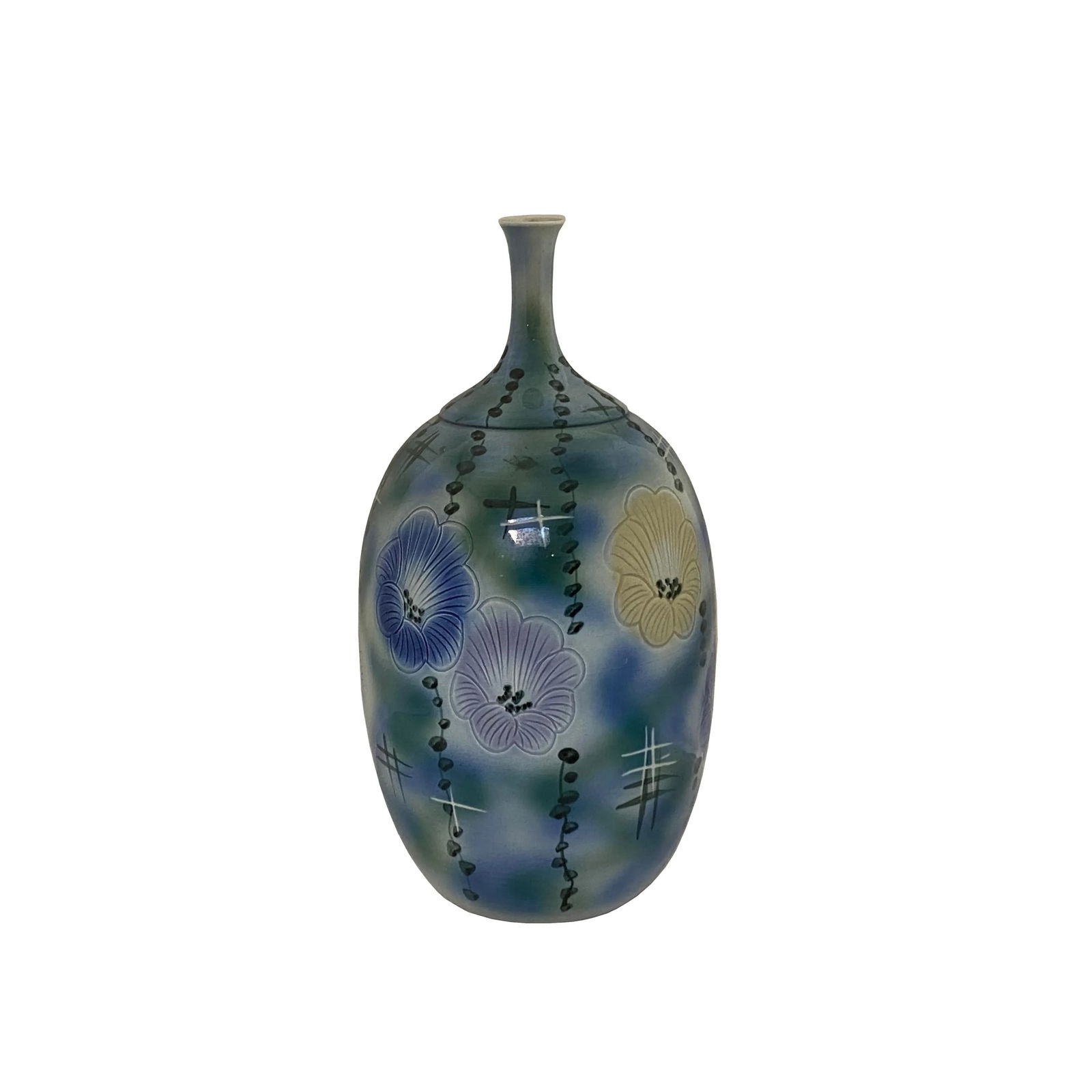 Artistic Pastel Flower Pattern Porcelain Round Long Narrow Mouth Vase - 6