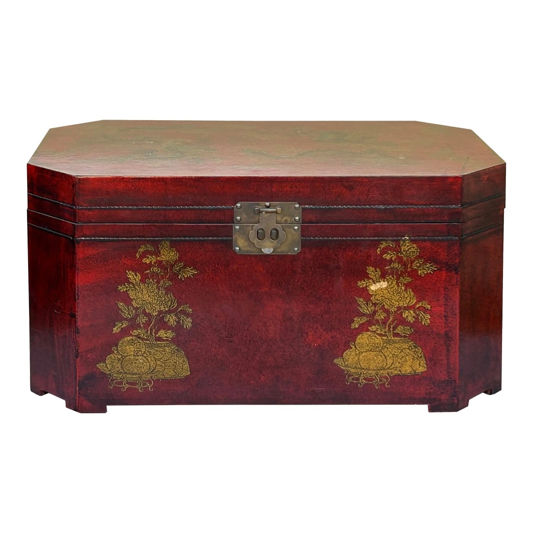 Vintage Distressed Brick Red Veneer Dragons Oriental Trunk Table: Introducing the Vintage Distressed Brick Red Veneer Copper Dragons Oriental Trunk Table, a stunning piece that seamlessly blends artistic craftsmanship with functional design. This unique trunk table