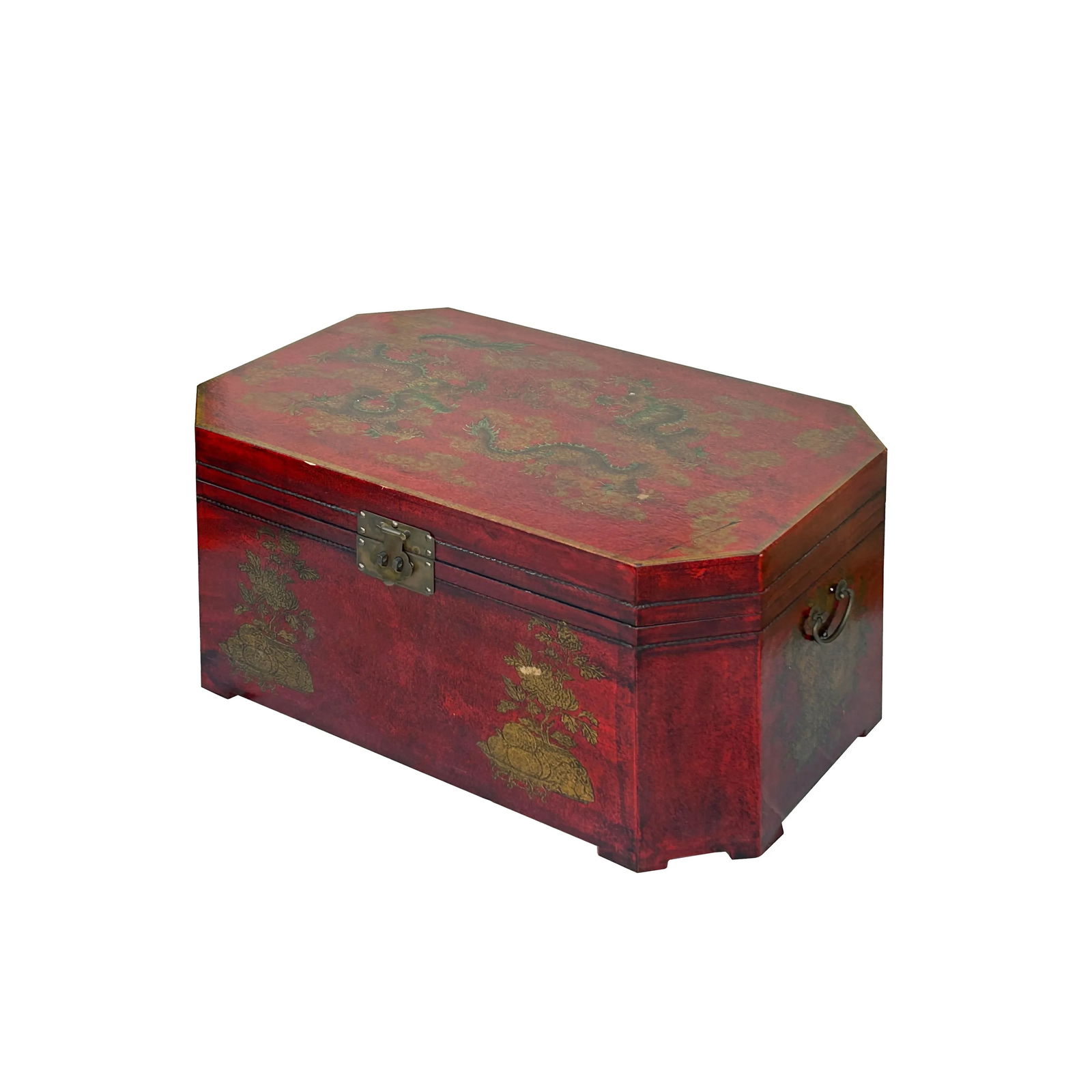 Vintage Distressed Brick Red Veneer Dragons Oriental Trunk Table - 3