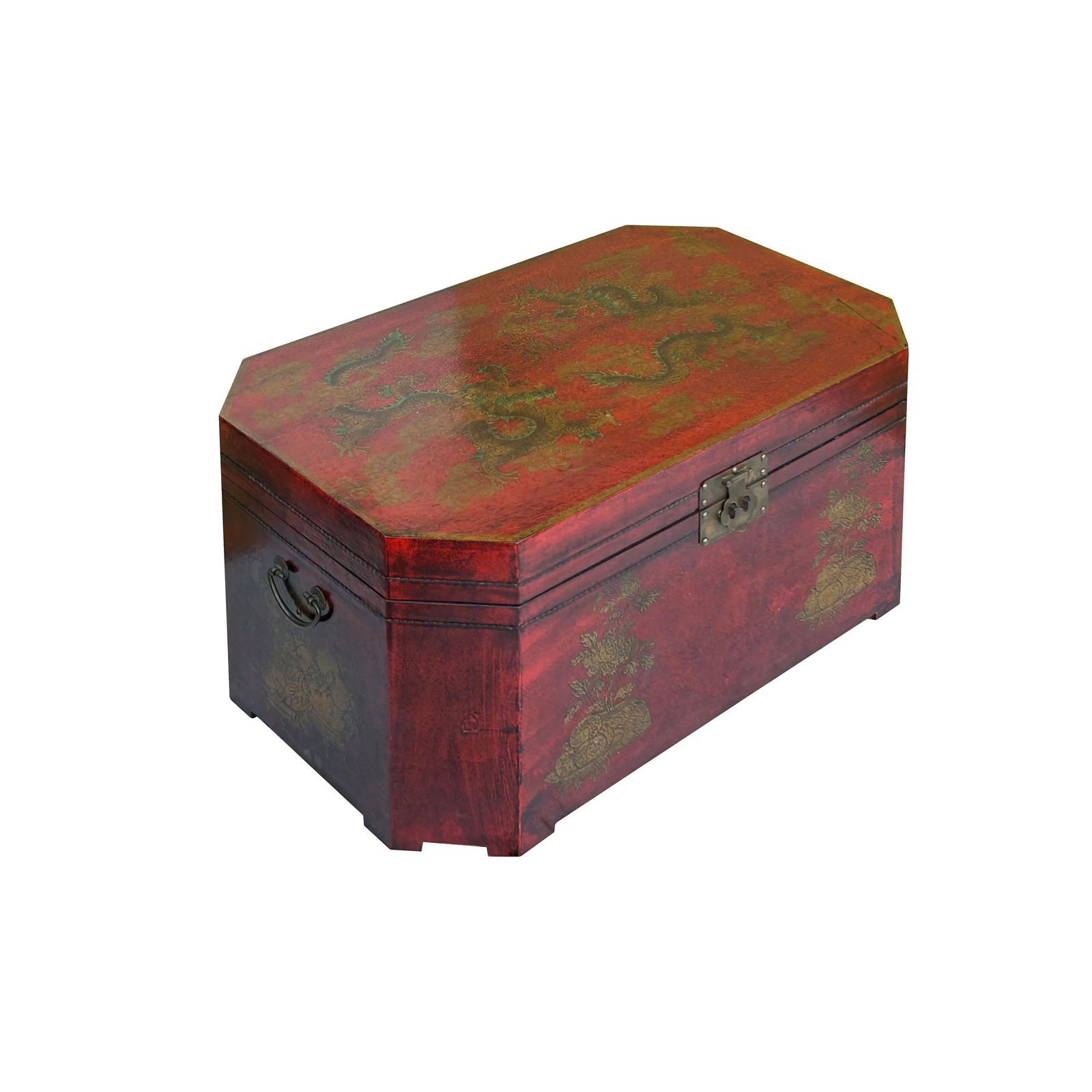 Vintage Distressed Brick Red Veneer Dragons Oriental Trunk Table - 4