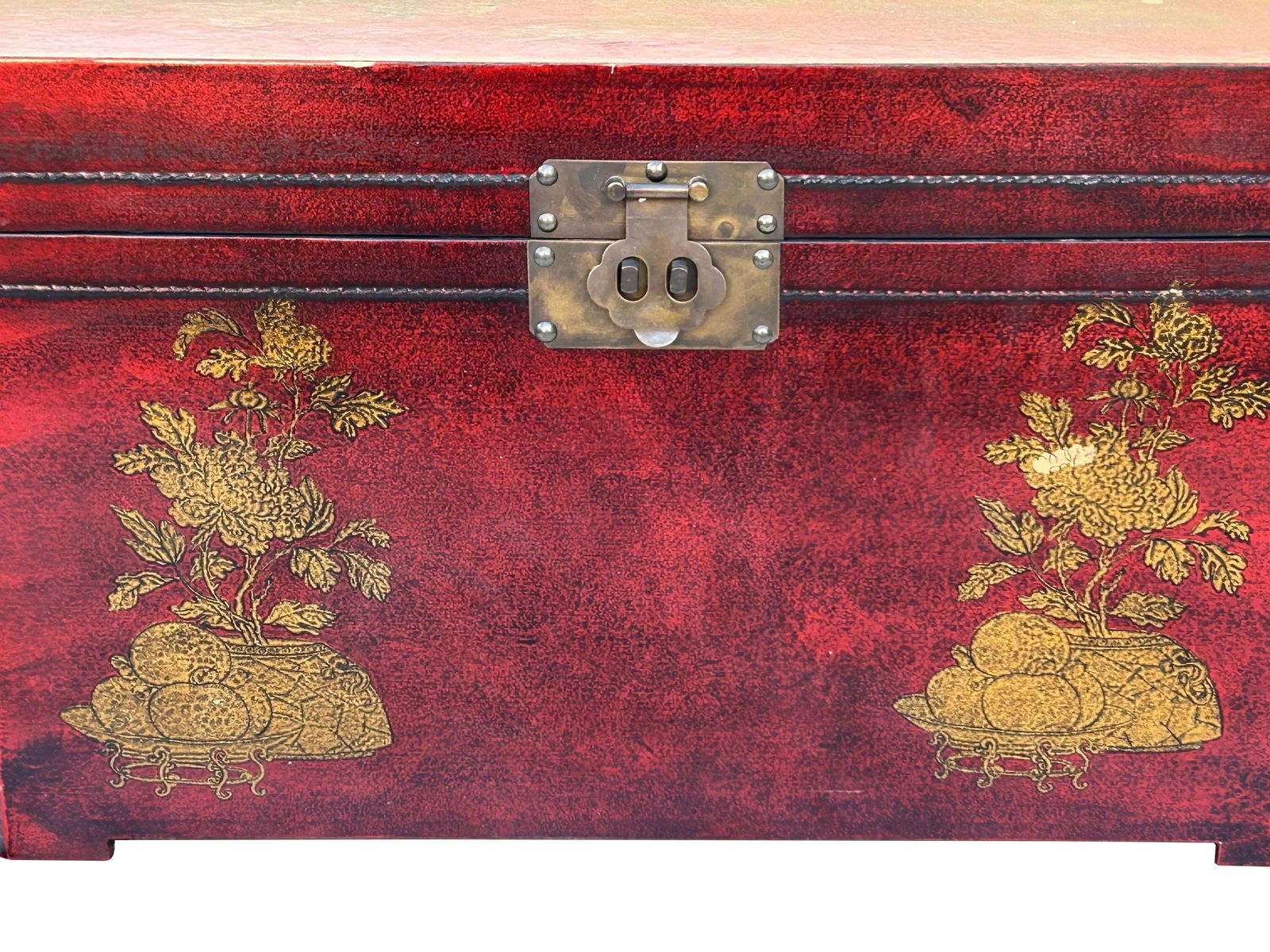 Vintage Distressed Brick Red Veneer Dragons Oriental Trunk Table - 6