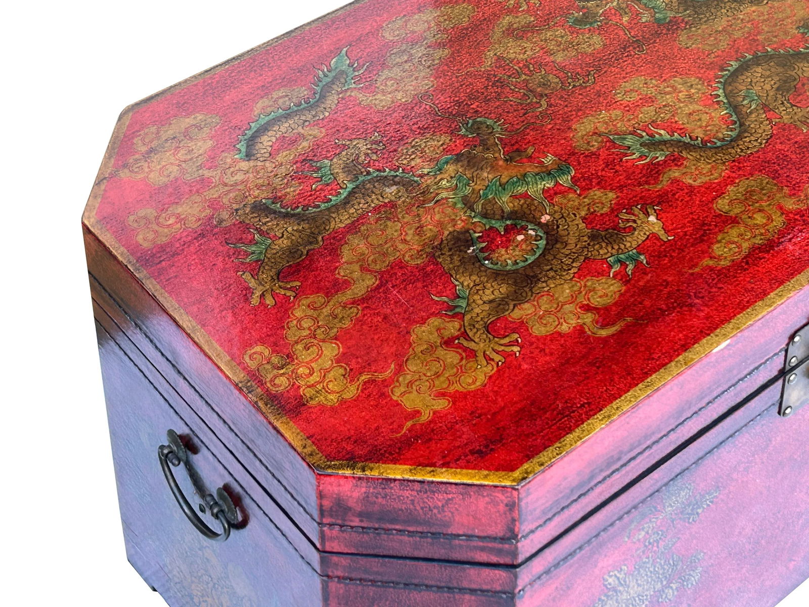 Vintage Distressed Brick Red Veneer Dragons Oriental Trunk Table - 7