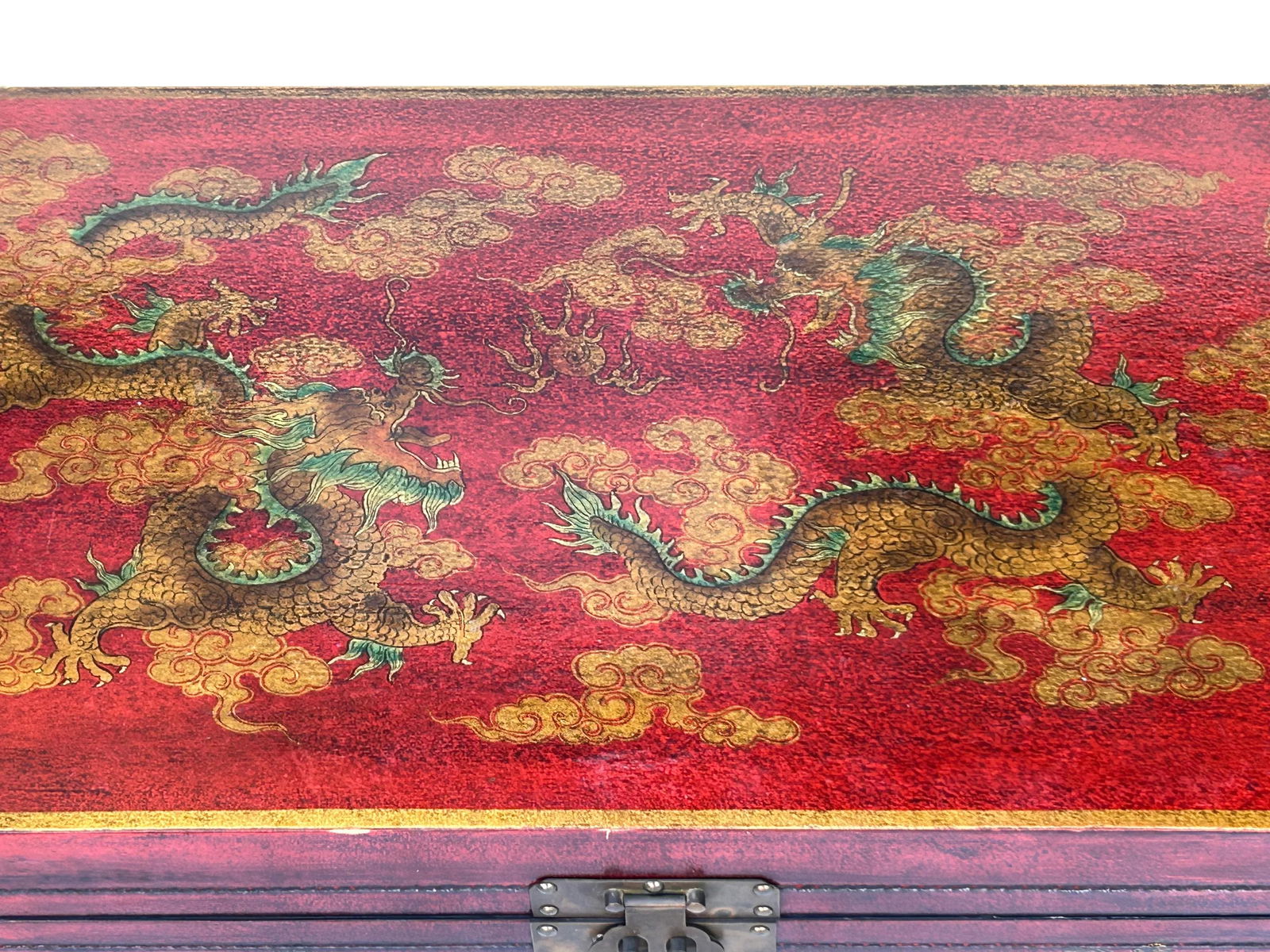 Vintage Distressed Brick Red Veneer Dragons Oriental Trunk Table - 8