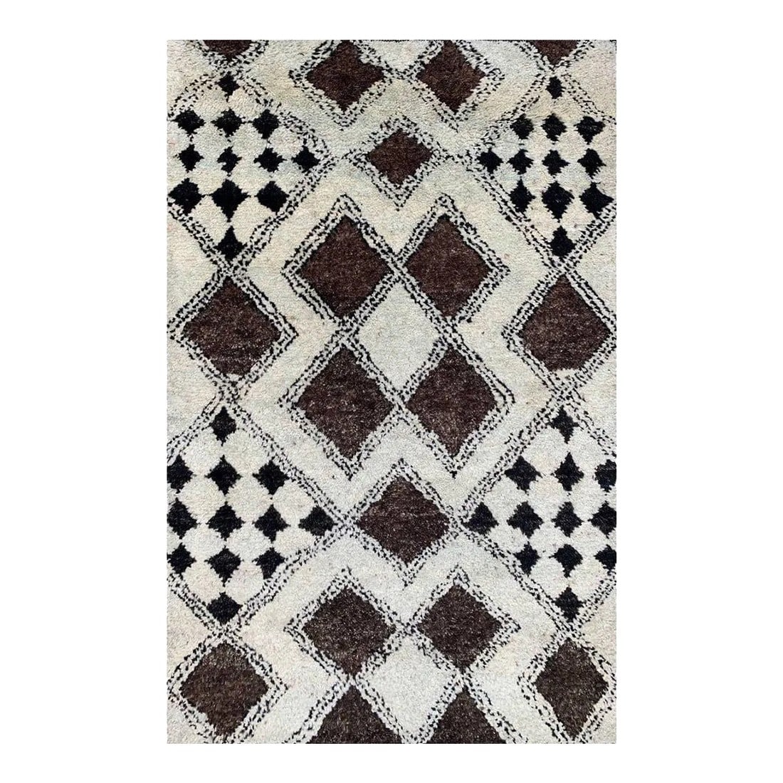 1990s Handwoven Moroccan Area Rug 3x5: Exact Size: 3'2" x 5'0" Color: Natural Age: New (It's made in the 1990s and never been used) Materials: Wool Construction: Hand Knotted Origin: Turkey Condition: Imperfections: No Imperfections Condit