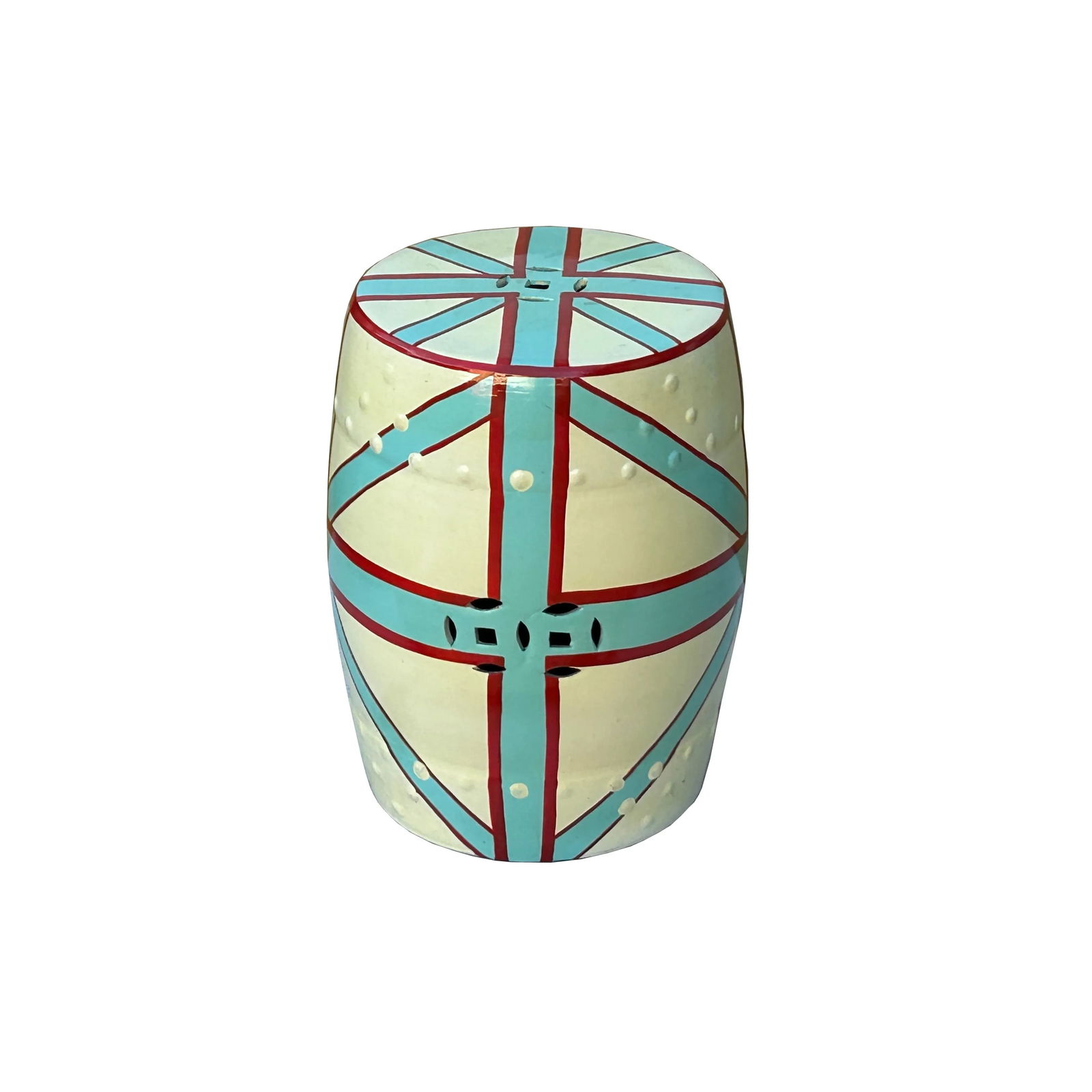 Light Celadon Base Turquoise Cross Line Round Porcelain Stool Table - 4