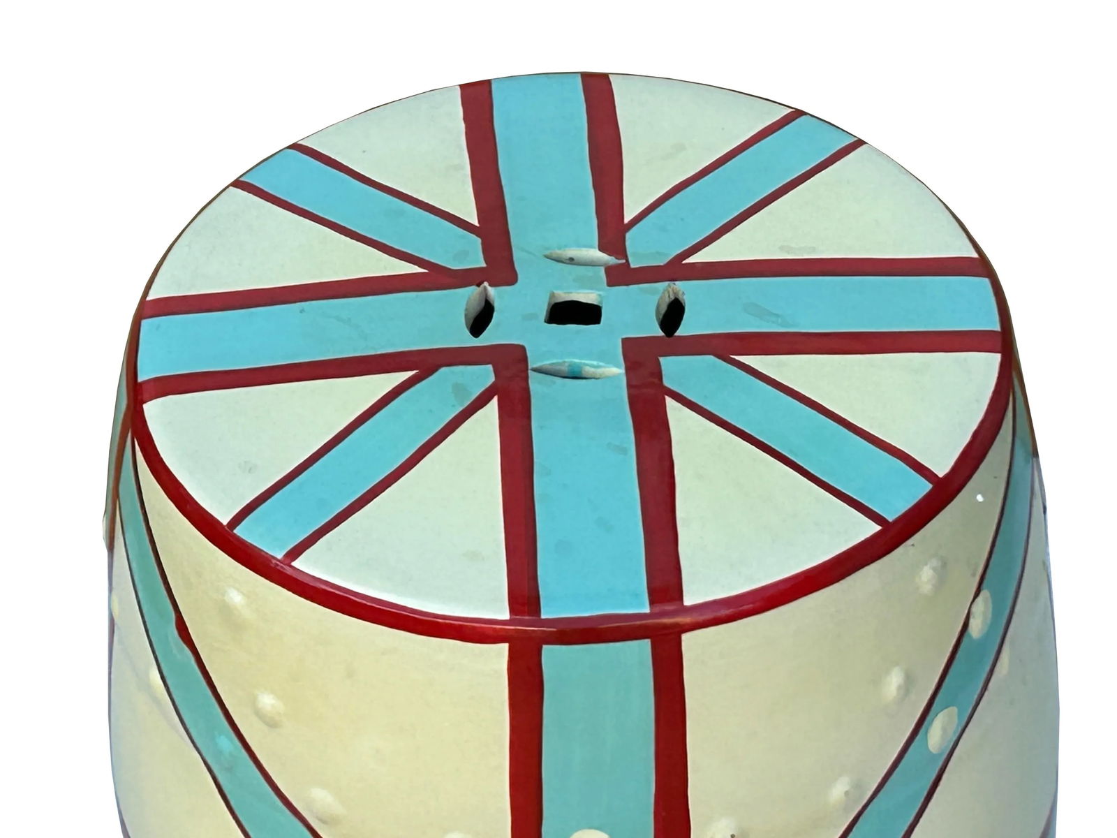 Light Celadon Base Turquoise Cross Line Round Porcelain Stool Table - 6