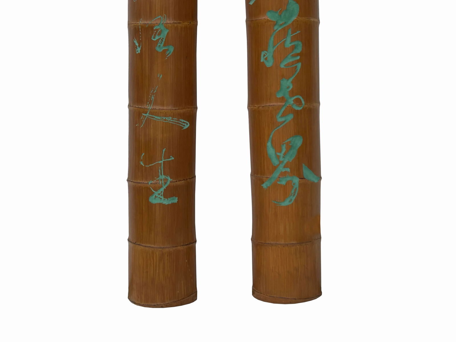 Pair Chinese Green Calligraphy Writing Engraved Bamboo Wall Panels - 2