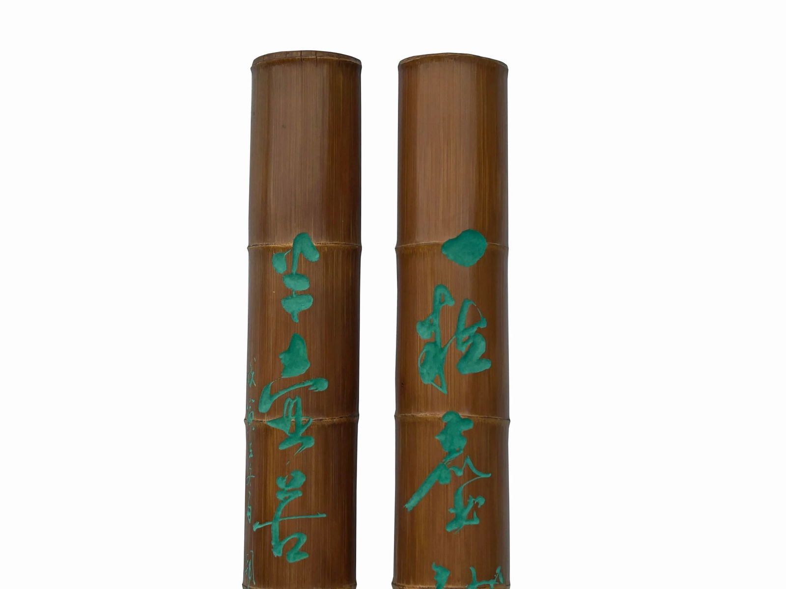 Pair Chinese Green Calligraphy Writing Engraved Bamboo Wall Panels - 3