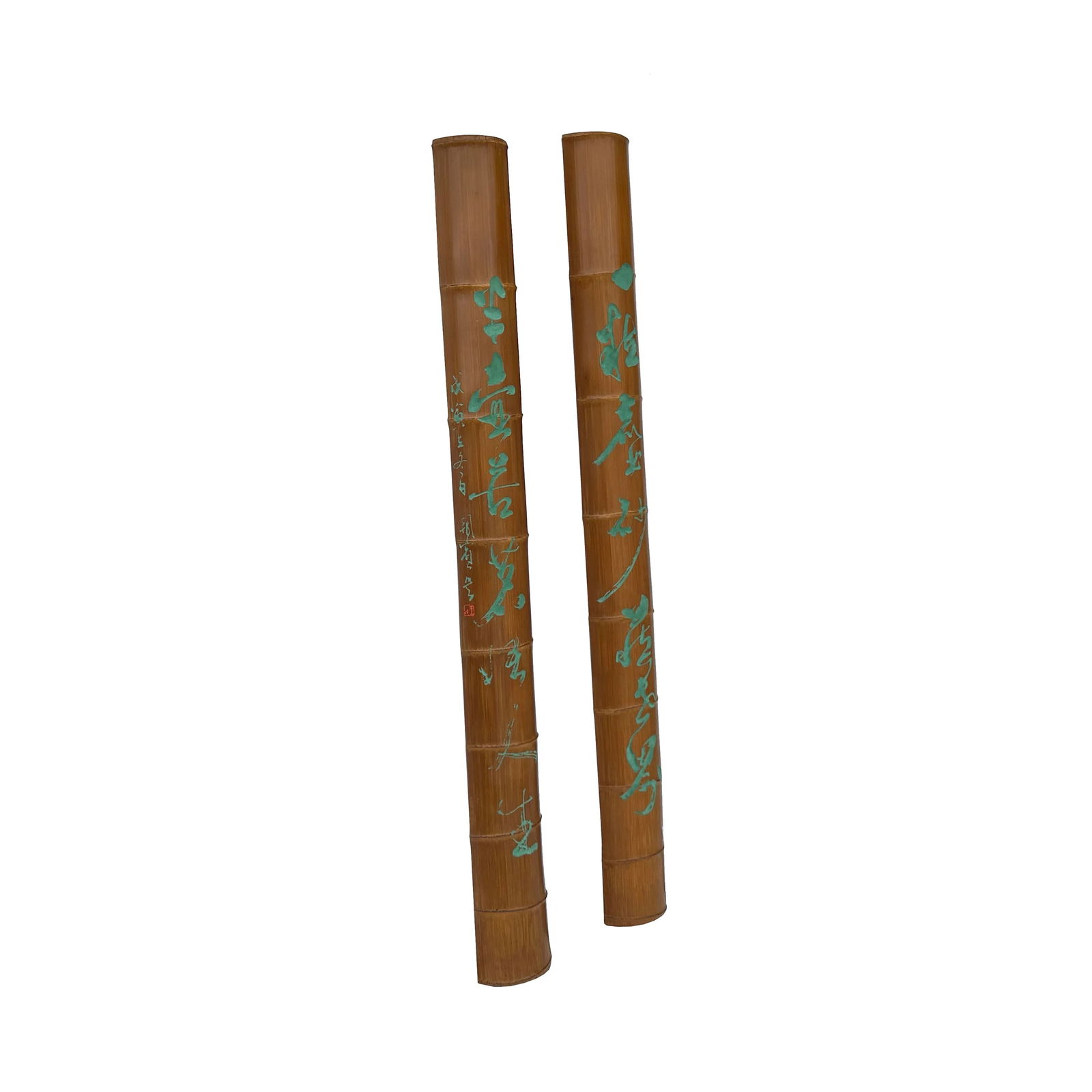 Pair Chinese Green Calligraphy Writing Engraved Bamboo Wall Panels - 6