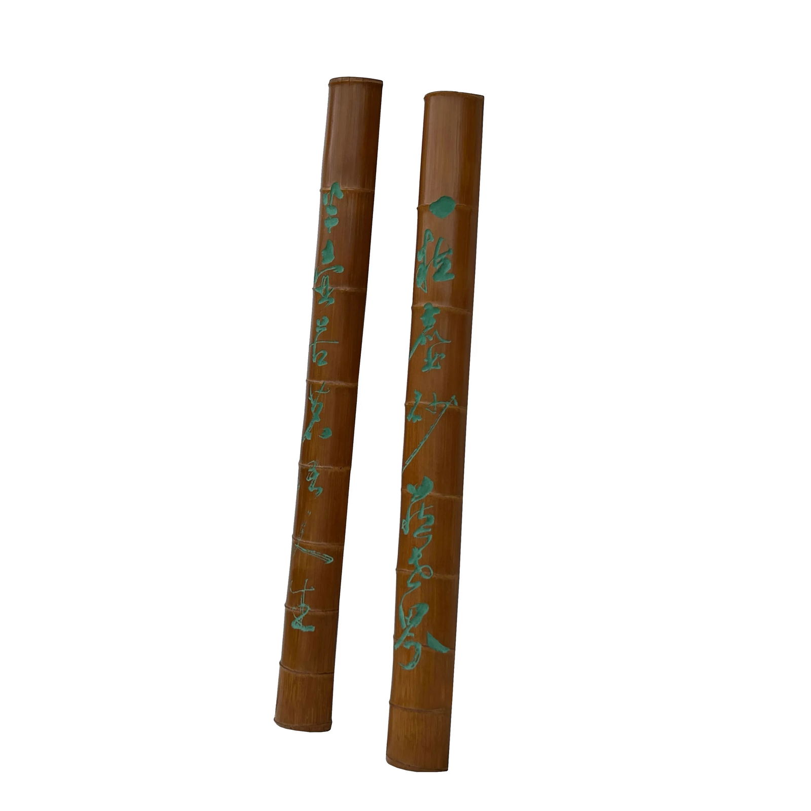 Pair Chinese Green Calligraphy Writing Engraved Bamboo Wall Panels - 7