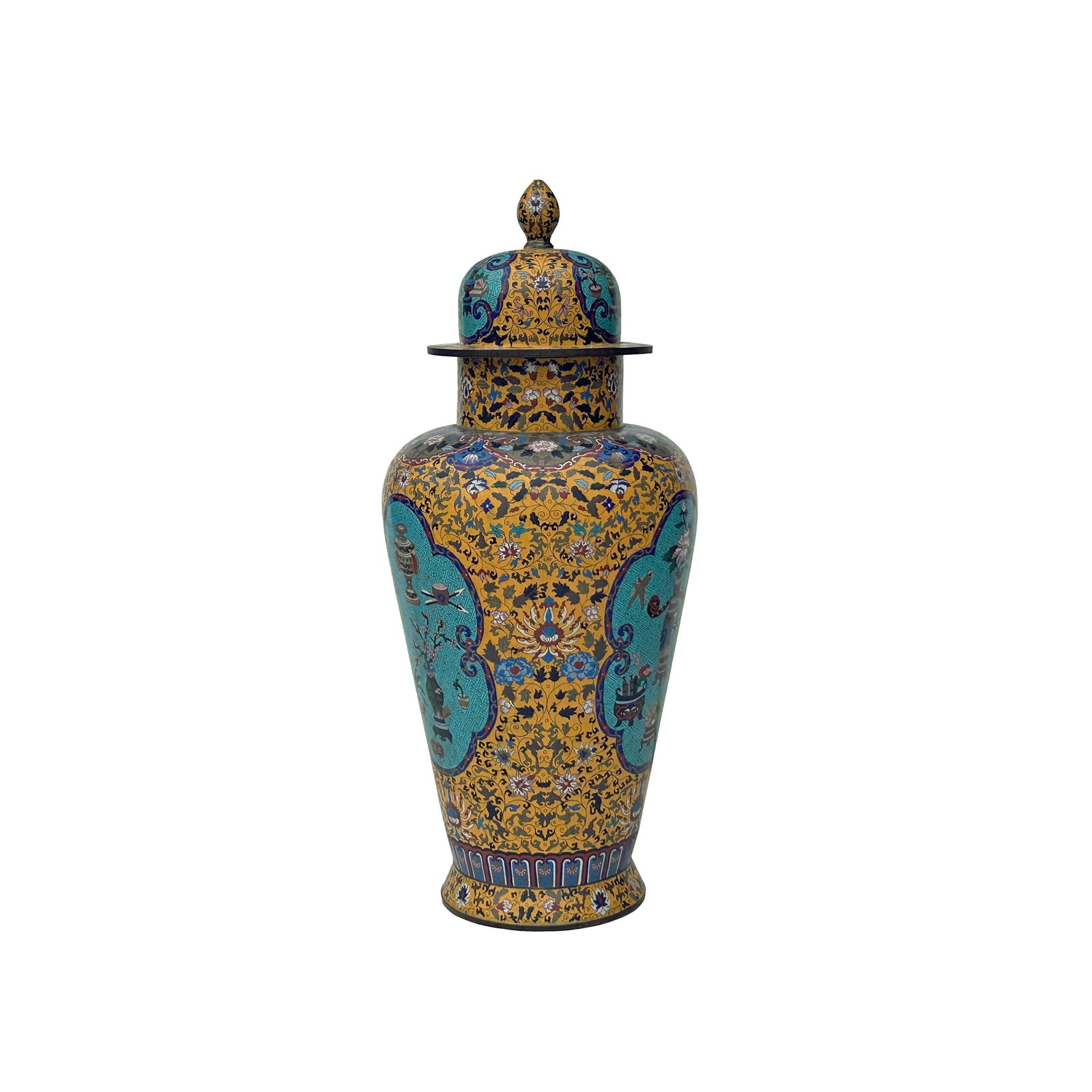 Vintage Chinese Large Yellow Treasure Motif Metal Cloisonne Enamel Jar - 3