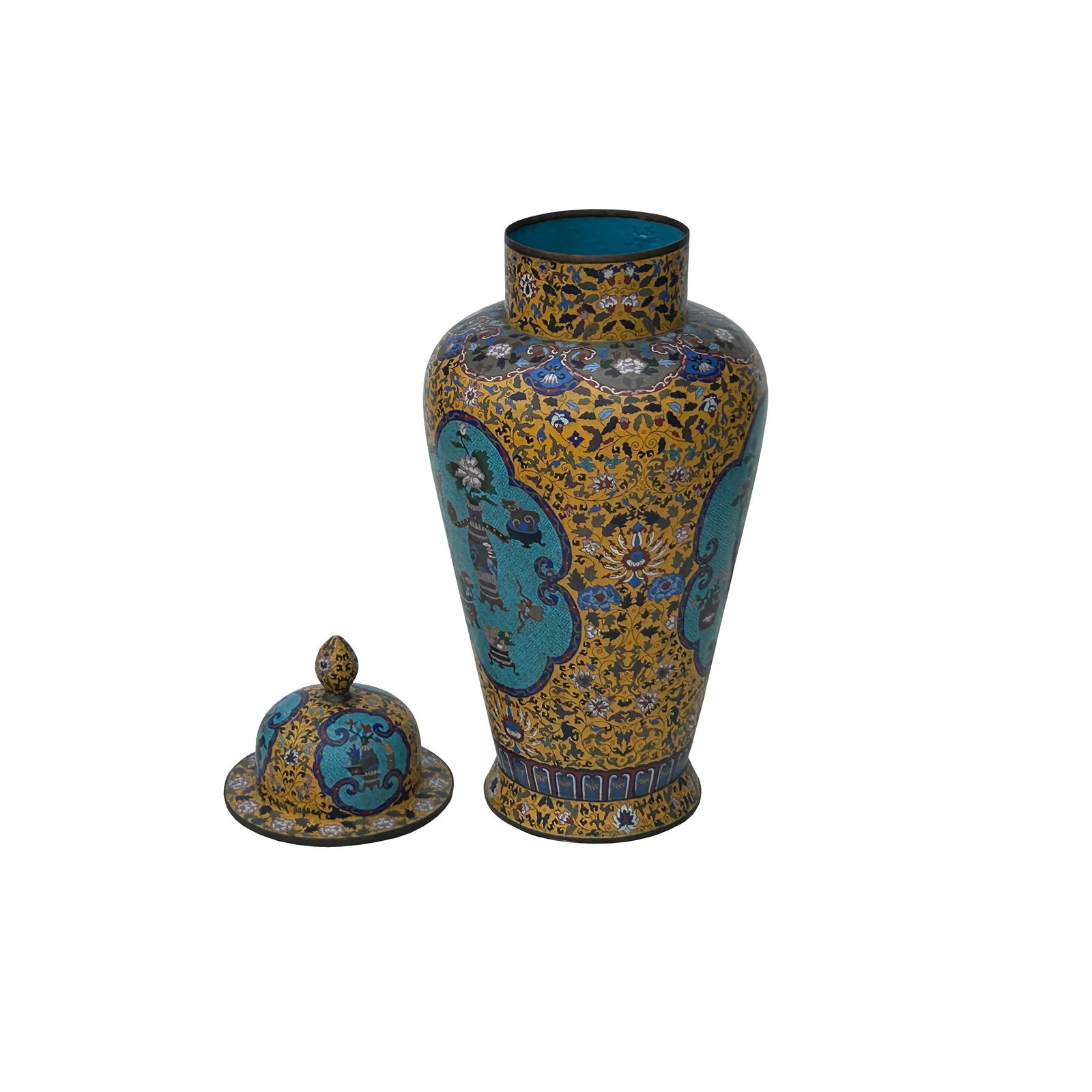 Vintage Chinese Large Yellow Treasure Motif Metal Cloisonne Enamel Jar - 4