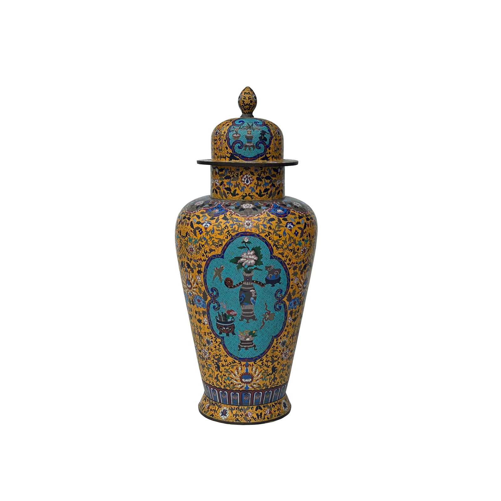 Vintage Chinese Large Yellow Treasure Motif Metal Cloisonne Enamel Jar - 6