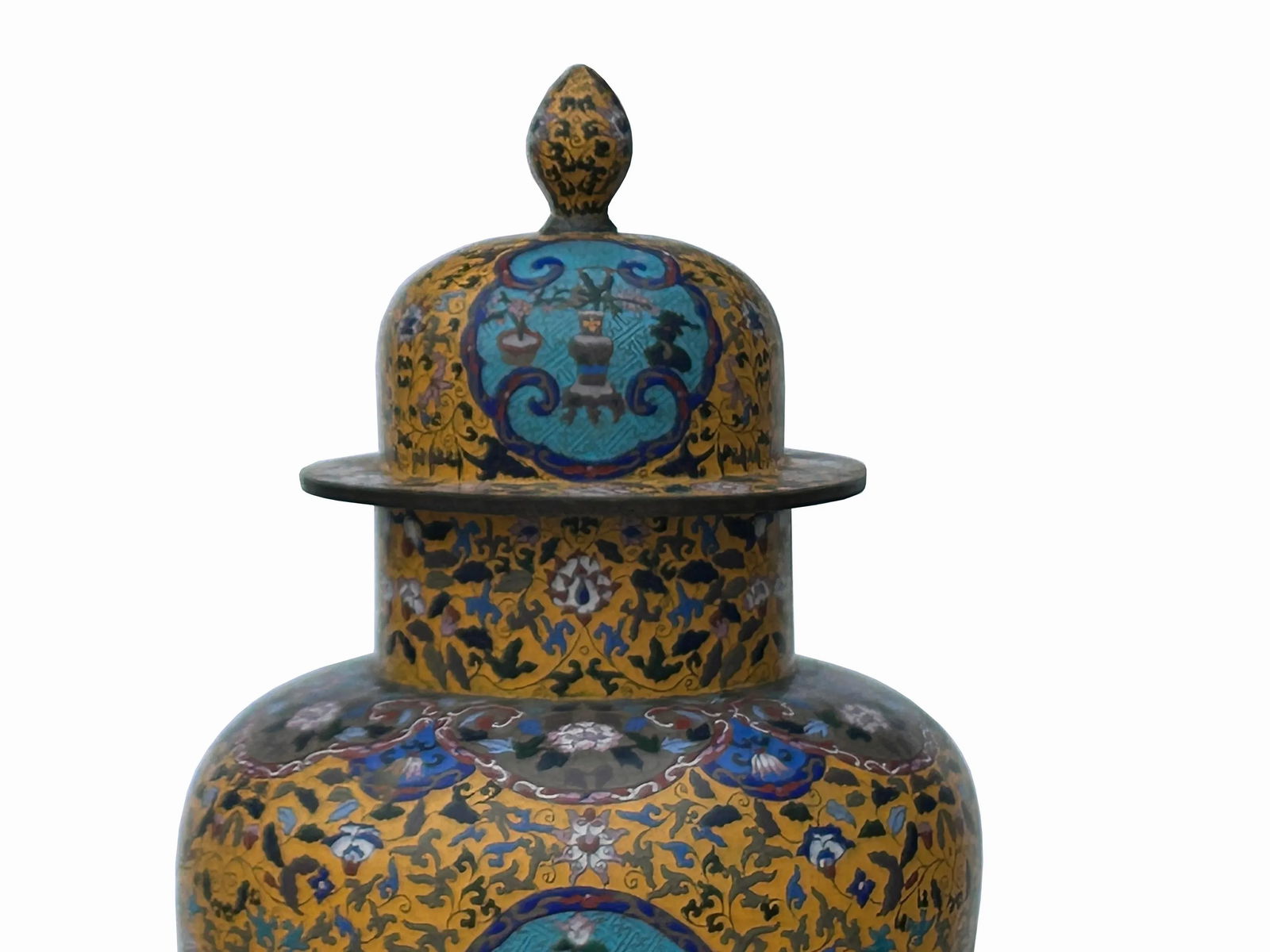 Vintage Chinese Large Yellow Treasure Motif Metal Cloisonne Enamel Jar - 7