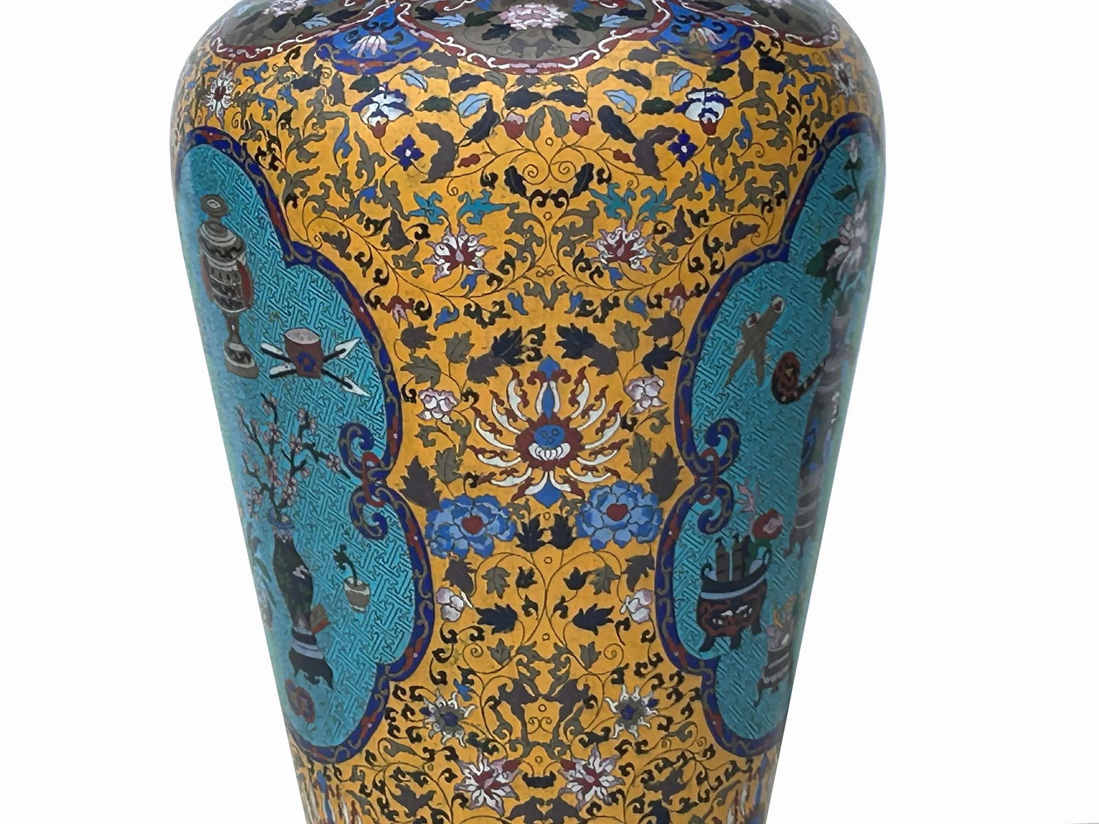 Vintage Chinese Large Yellow Treasure Motif Metal Cloisonne Enamel Jar - 8