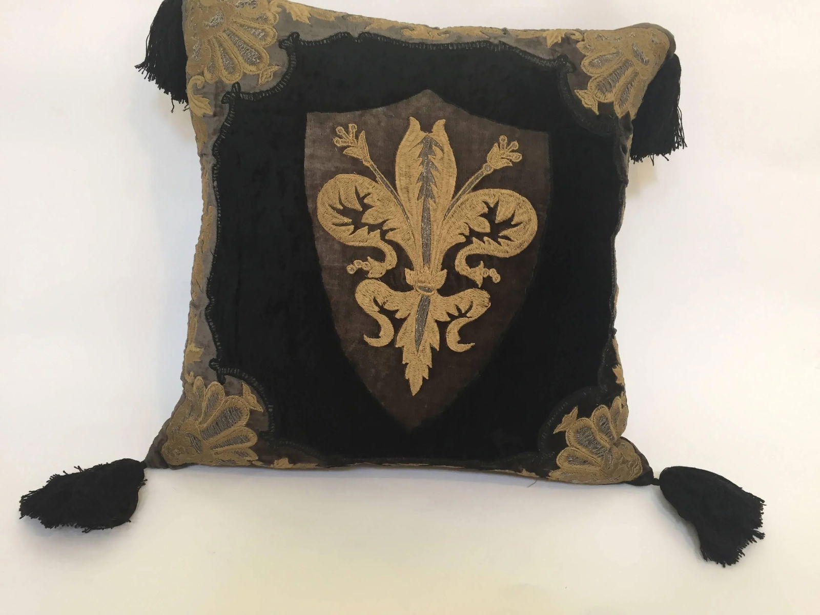Moroccan Black Silk Decorative Pillow With Gold Metallic Threads and Tassels - 10