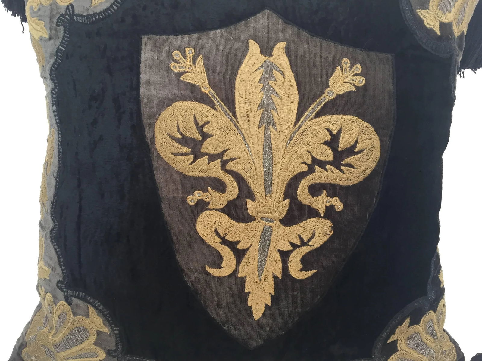 Moroccan Black Silk Decorative Pillow With Gold Metallic Threads and Tassels - 2