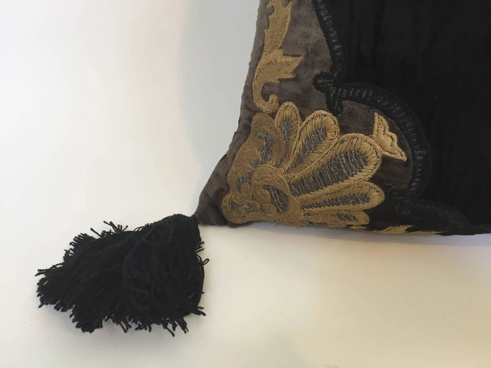 Moroccan Black Silk Decorative Pillow With Gold Metallic Threads and Tassels - 3