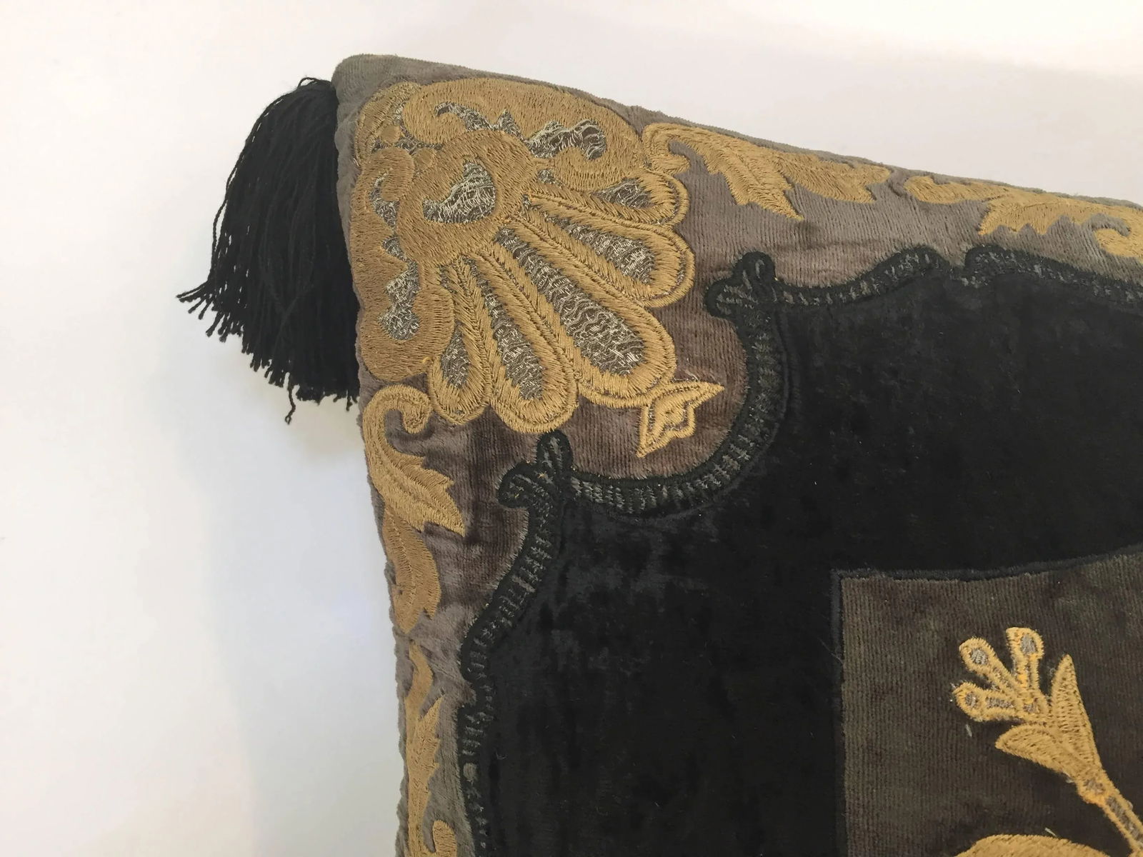 Moroccan Black Silk Decorative Pillow With Gold Metallic Threads and Tassels - 4
