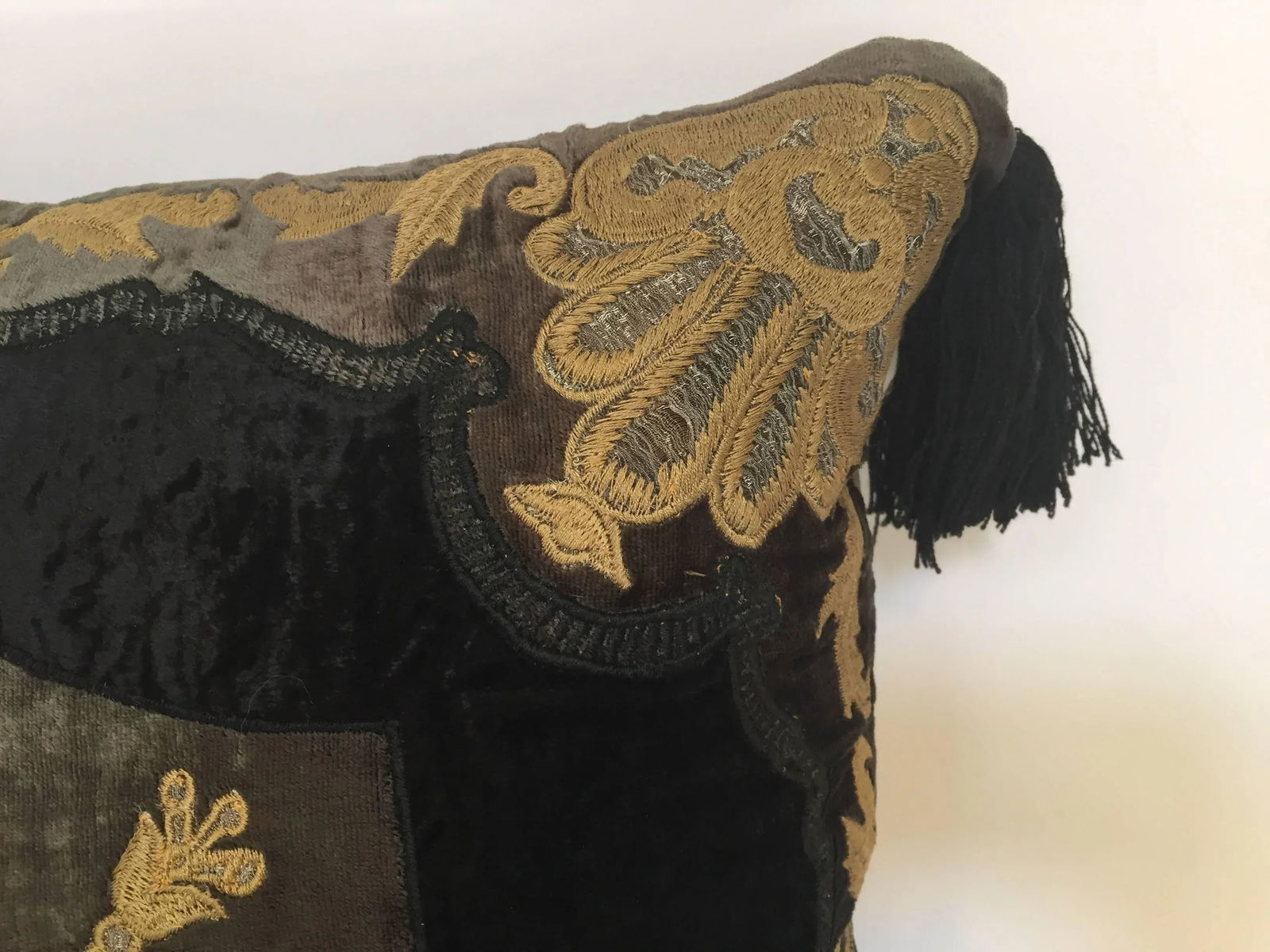 Moroccan Black Silk Decorative Pillow With Gold Metallic Threads and Tassels - 5