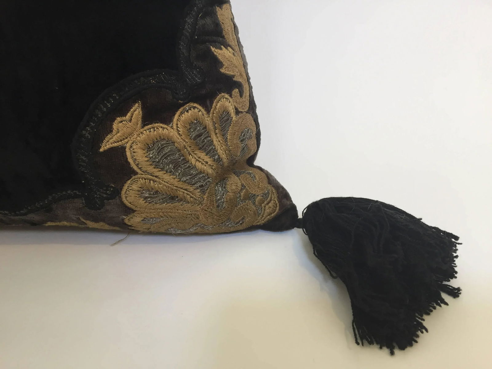 Moroccan Black Silk Decorative Pillow With Gold Metallic Threads and Tassels - 6