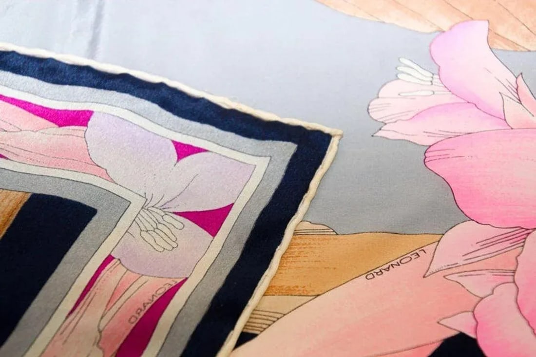 Vintage Gorgeous Pink Silk Scarf by Leonard, Paris - 9