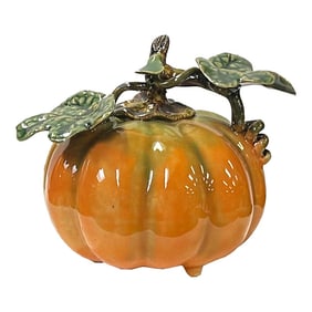 Artistic Orange Small Pumpkin With Leaf Ceramic Display Art Figure