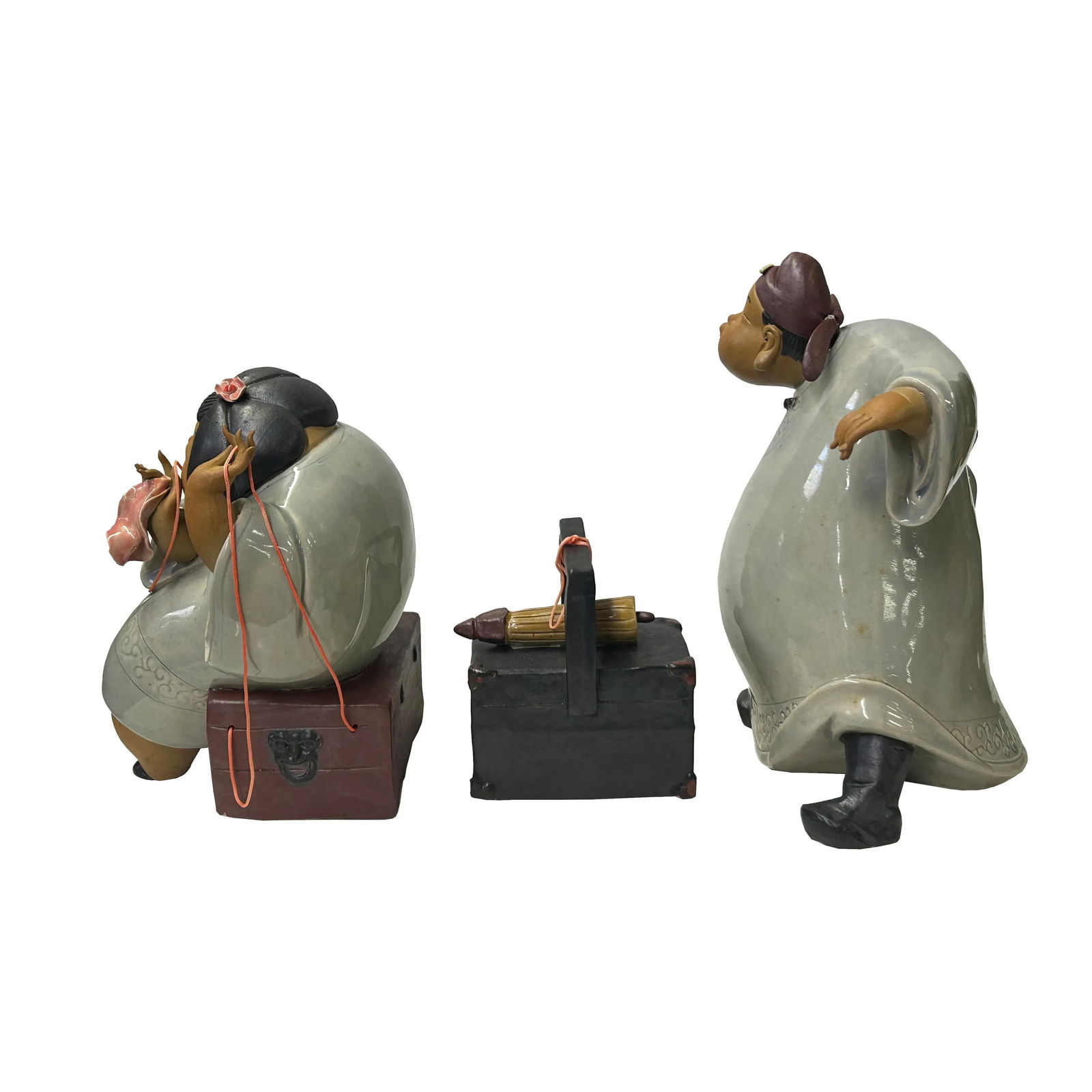 Chinese Artistic Pottery Couple Feature Display Figurines 3 Pieces Set - 2