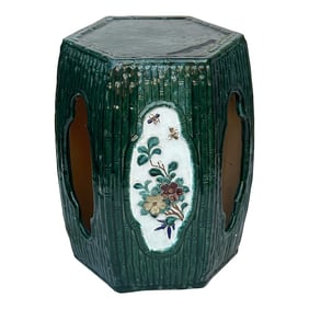 Asian Hexagon Green Open Window Flower Bamboo Motif Clay Garden Stool Table