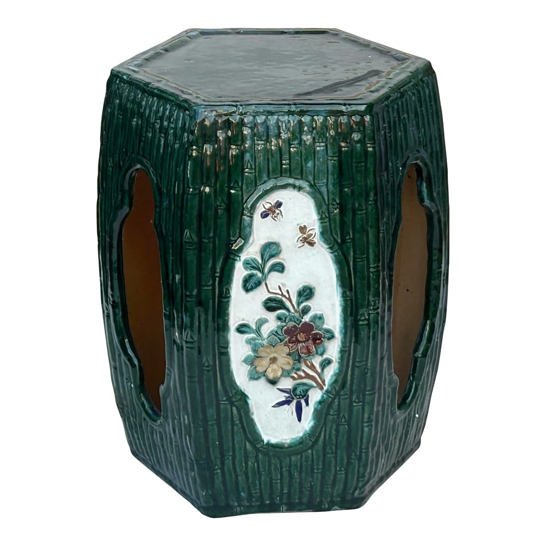 Asian Hexagon Green Open Window Flower Bamboo Motif Clay Garden Stool Table (1 of 9)