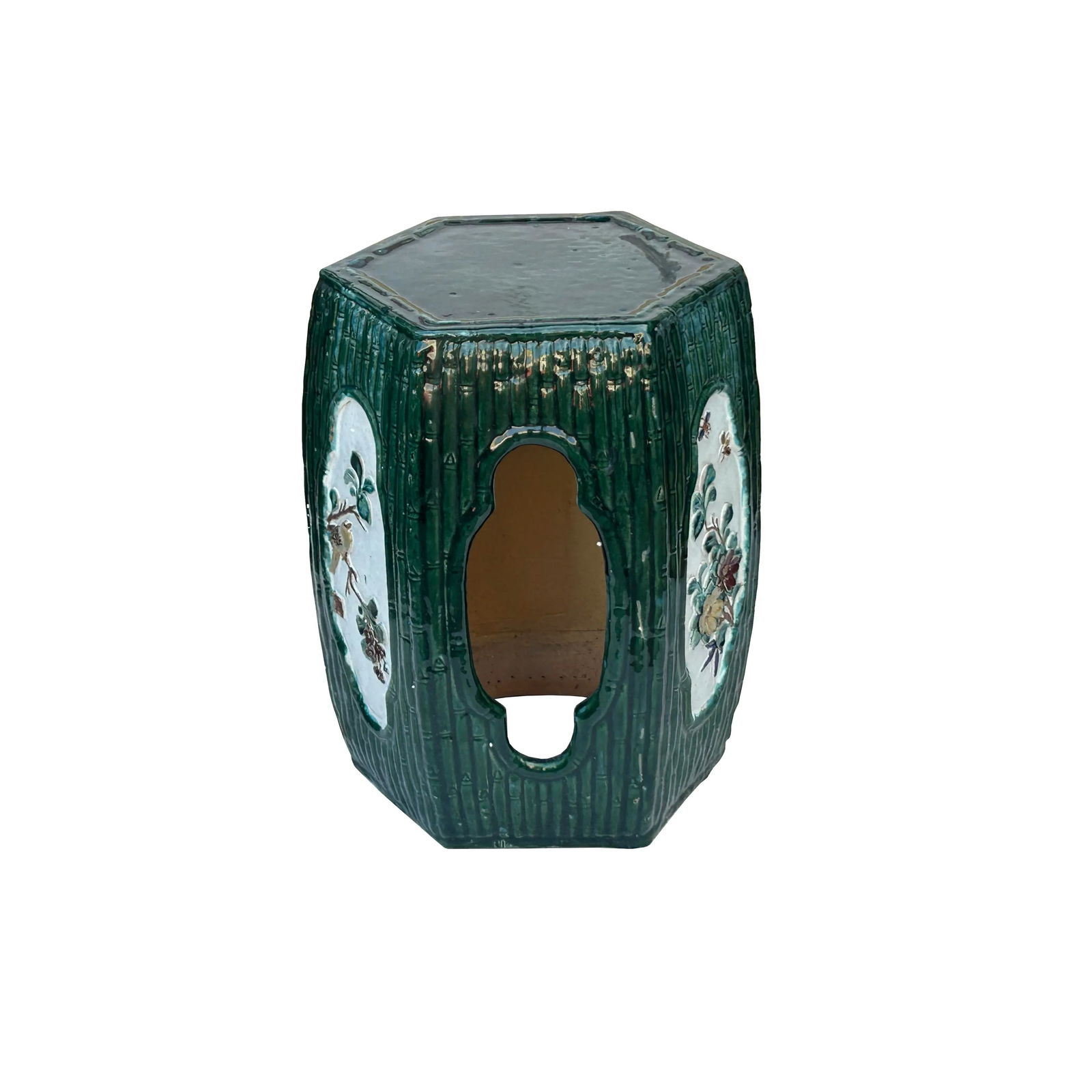 Asian Hexagon Green Open Window Flower Bamboo Motif Clay Garden Stool Table - 2