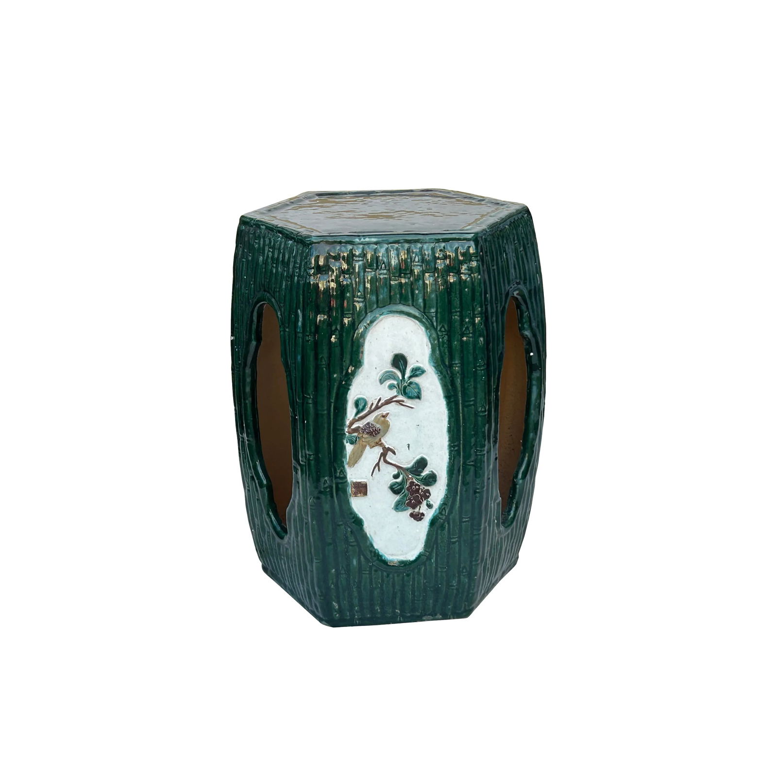 Asian Hexagon Green Open Window Flower Bamboo Motif Clay Garden Stool Table - 7