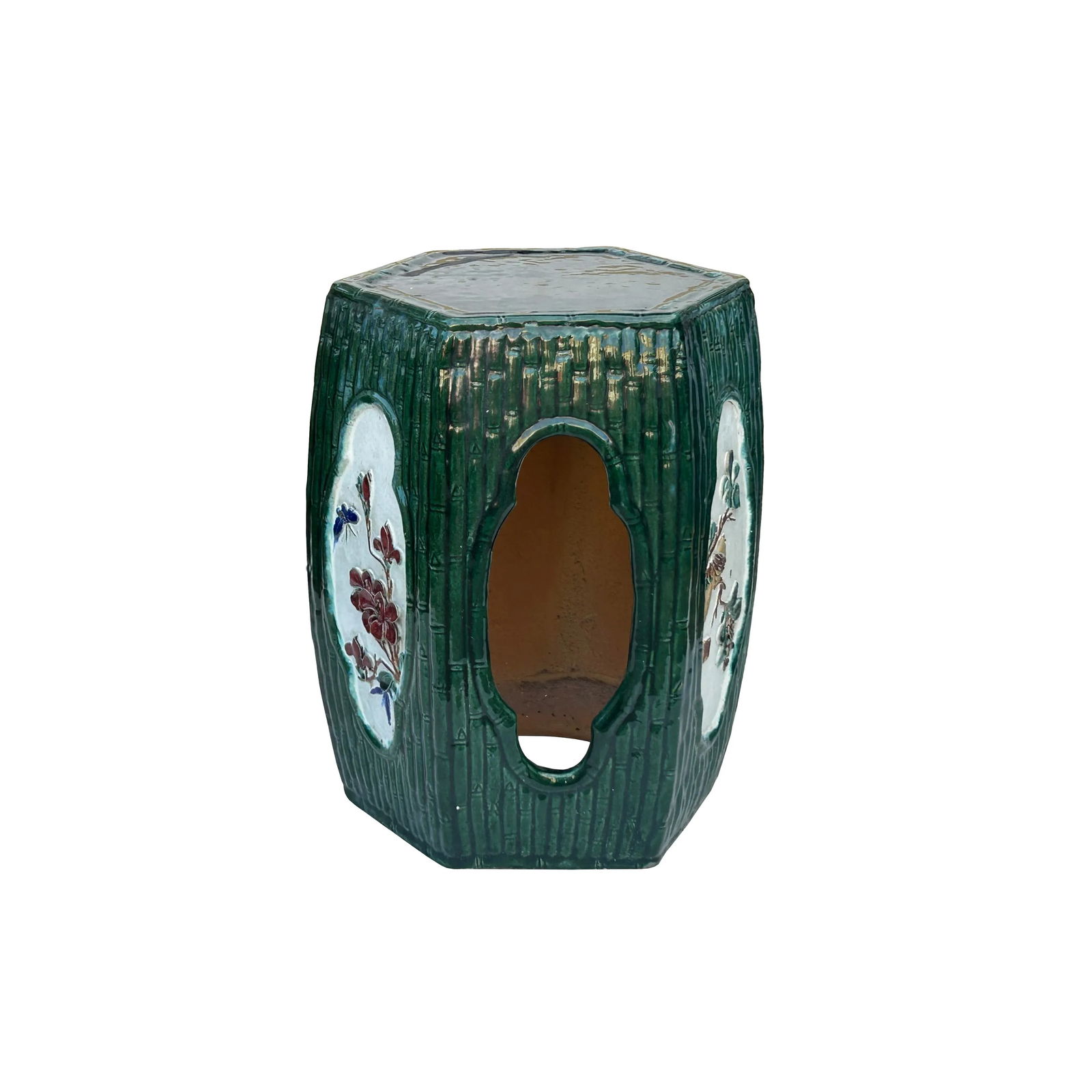Asian Hexagon Green Open Window Flower Bamboo Motif Clay Garden Stool Table - 8