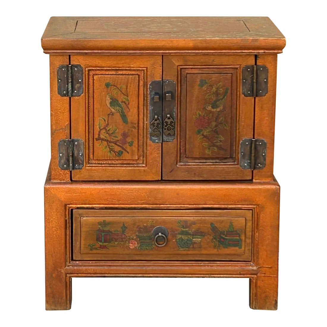 Chinese Distressed Orange Flower Graphic End Table Nightstand: Introducing a unique and captivating addition to your living space – the Vintage Chinese Distressed Orange Flower Graphic End Table Nightstand with a drawer. This extraordinary piece of furnitur