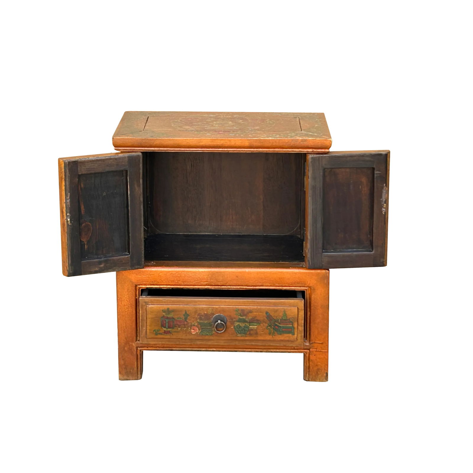 Chinese Distressed Orange Flower Graphic End Table Nightstand - 4