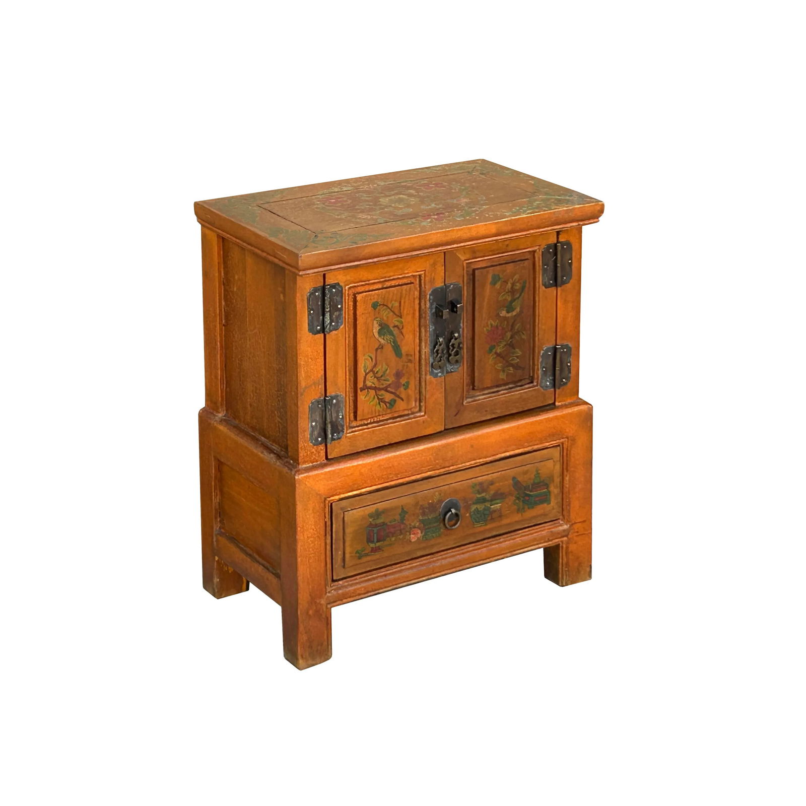 Chinese Distressed Orange Flower Graphic End Table Nightstand - 6
