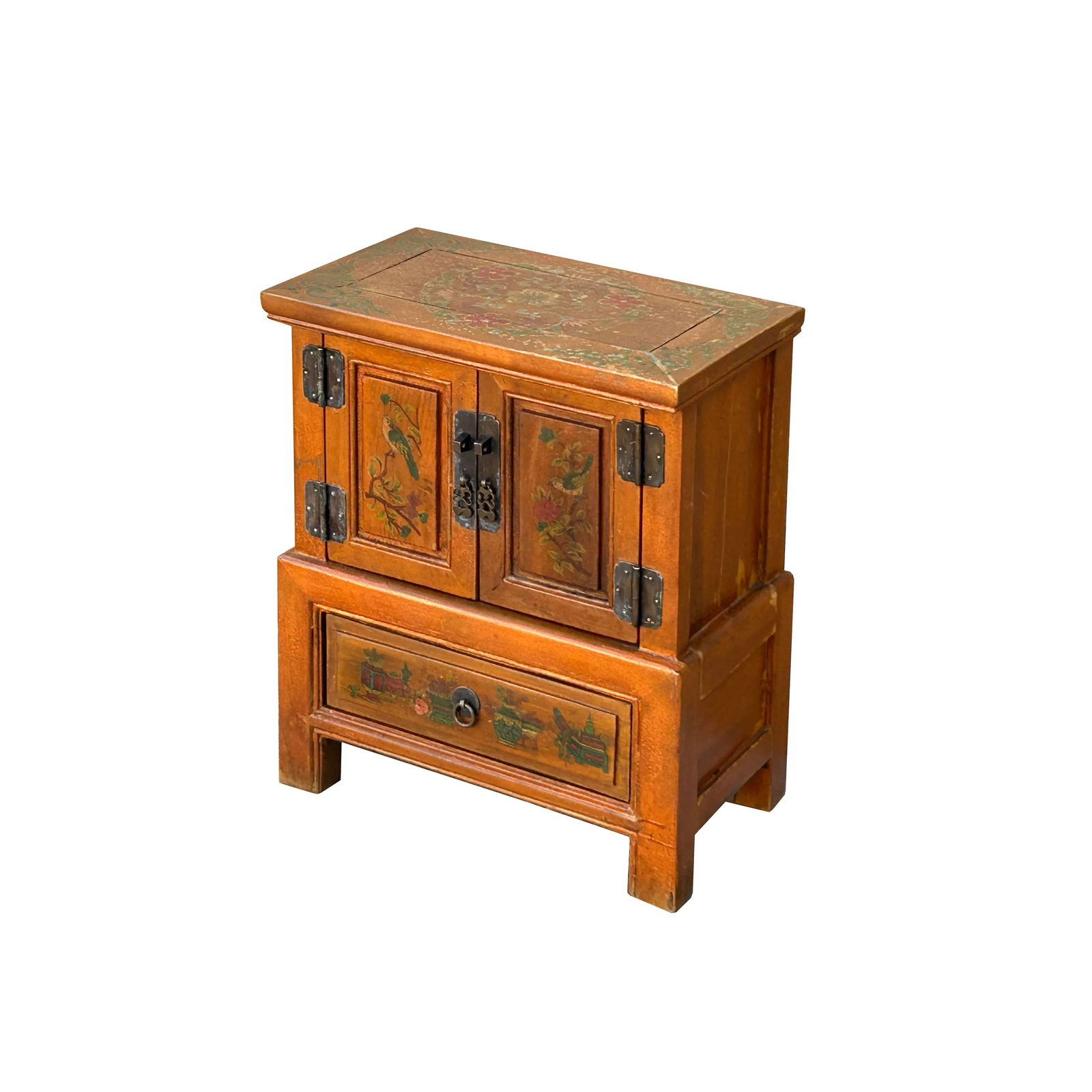 Chinese Distressed Orange Flower Graphic End Table Nightstand - 7