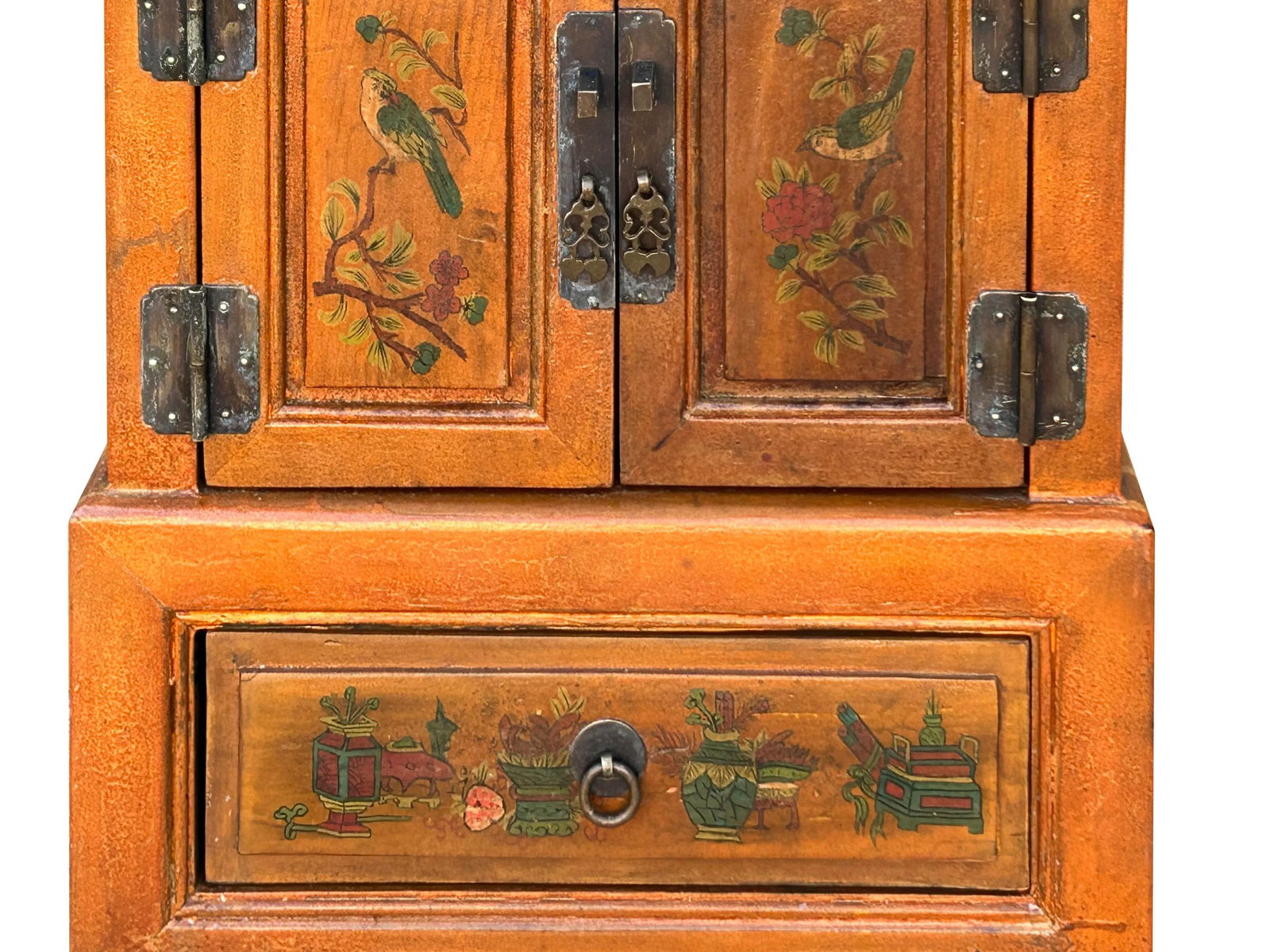 Chinese Distressed Orange Flower Graphic End Table Nightstand - 8