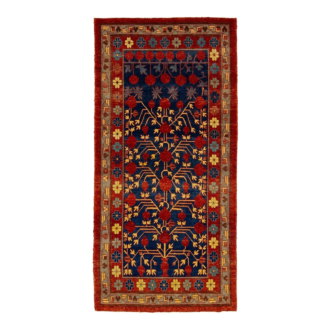 Modern Khotan Handmade Wool Rug in Blue With Allover Motif: Beautiful modern Khotan tone-on-tone hand-knotted wool rug with a navy blue color field. This piece has beige and rust accents all over a gorgeous interconnected pomegranate rosette design. This rug