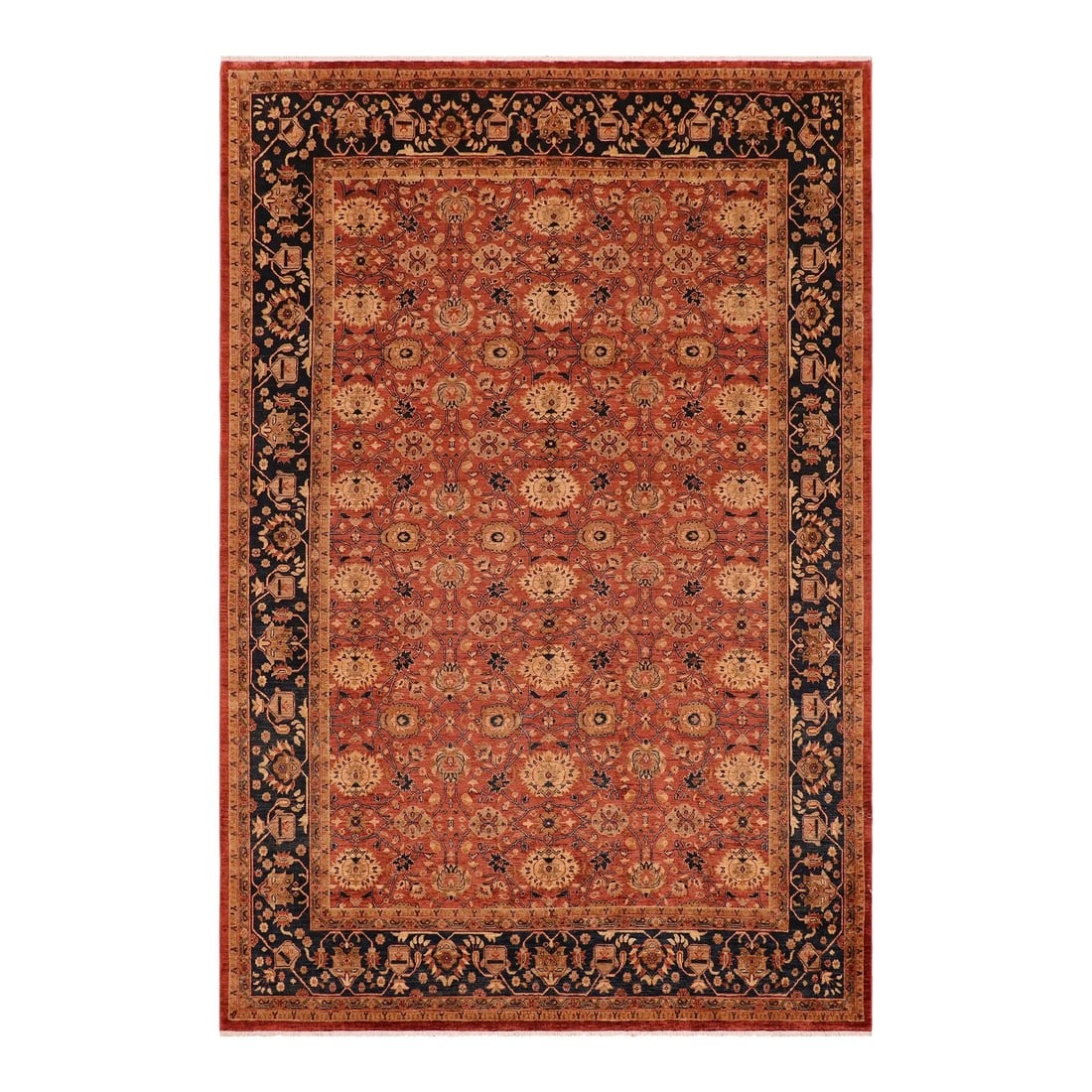 1990s Classic Ziegler Red Blue Hand-Knotted Wool Rug - 9'2'' X 12'2'': Enhance the ambiance of your home with this magnificent Persian-influenced Turkish hand-knotted rug made by skilled artisans capable of creating the most exceptional vegetable dyes and hand-spun