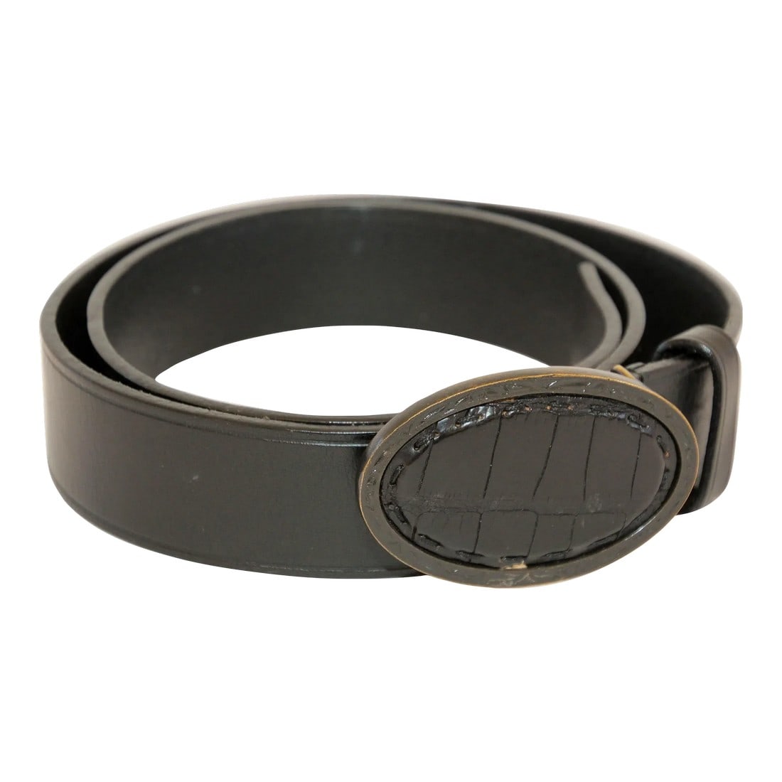 FENDI Black Leather Crocodile Cowboy Belt.: FENDI Black Leather Crocodile Cowboy Belt. Oval shape belt buckle in antiqued brass with crocodile leather inset . Dress up or dress down, this belt can be worn for any occasion. The oval shape